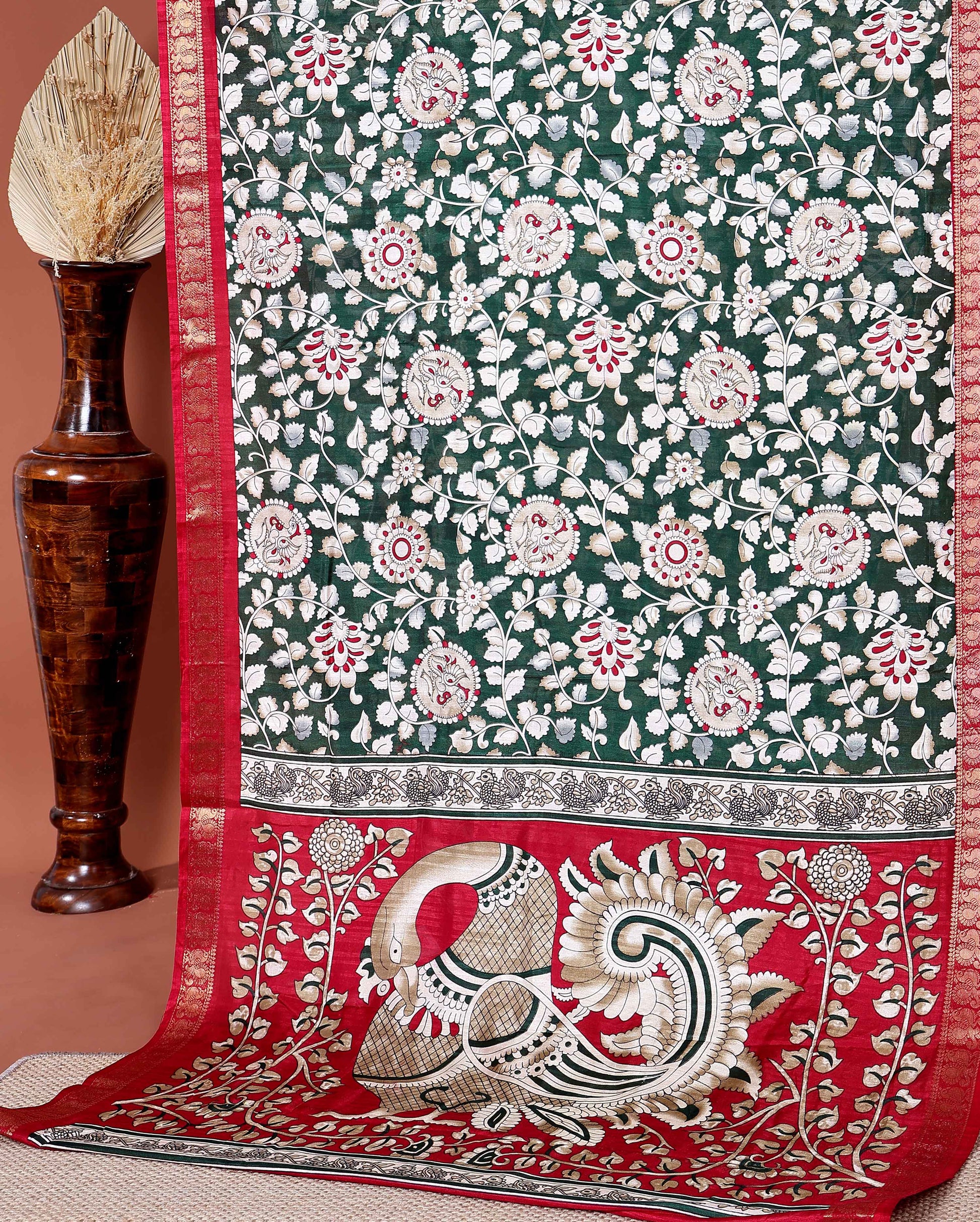 Elegant Semi Chanderi Saree with Traditional Kalamkari Print and Contrasting Peacock Pallu Design- Green