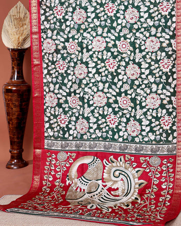 Elegant Semi Chanderi Saree with Traditional Kalamkari Print and Contrasting Peacock Pallu Design- Green