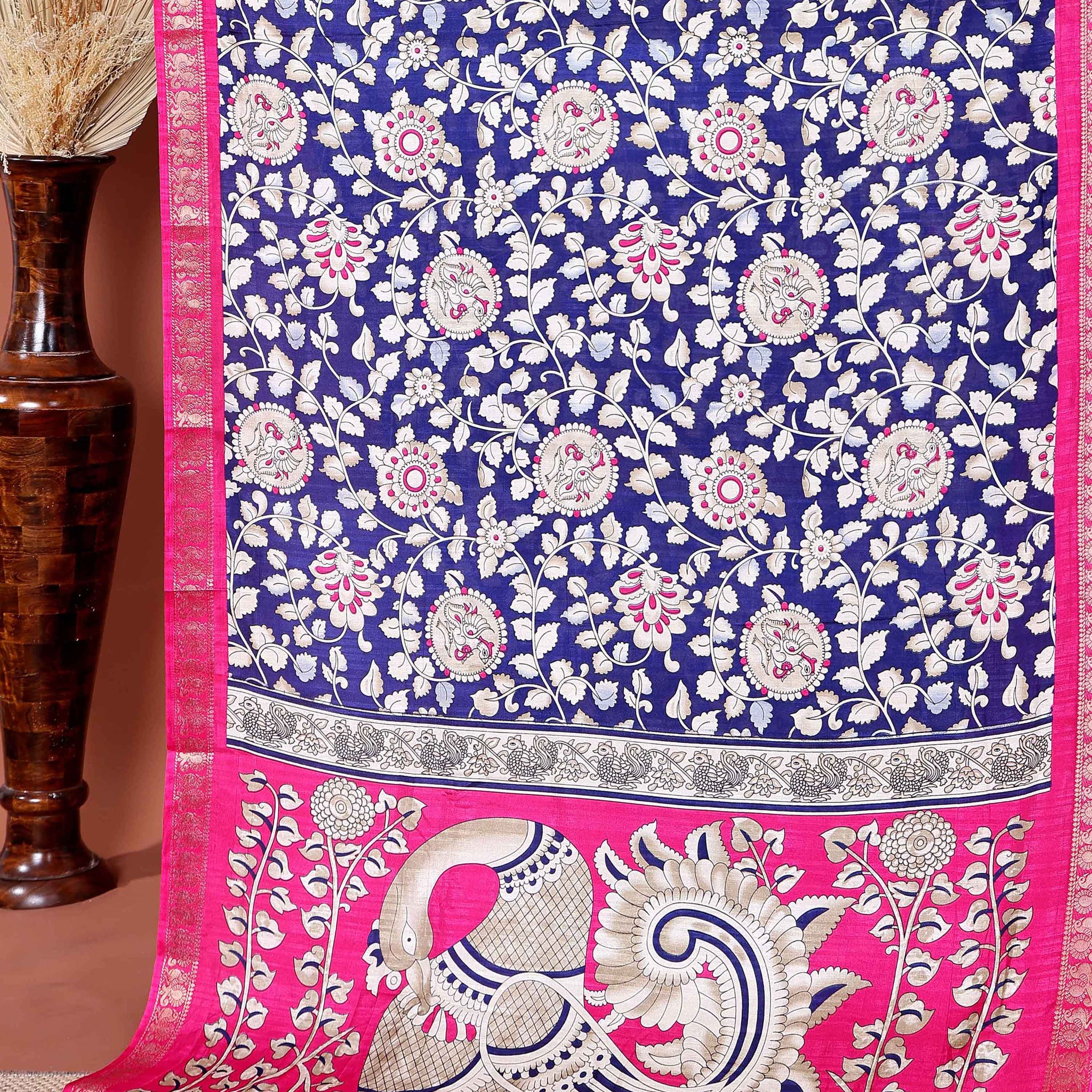 Elegant Semi Chanderi Saree with Traditional Kalamkari Print and Contrasting Peacock Pallu Design- Navy Blue 