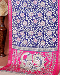 Elegant Semi Chanderi Saree with Traditional Kalamkari Print and Contrasting Peacock Pallu Design- Navy Blue 