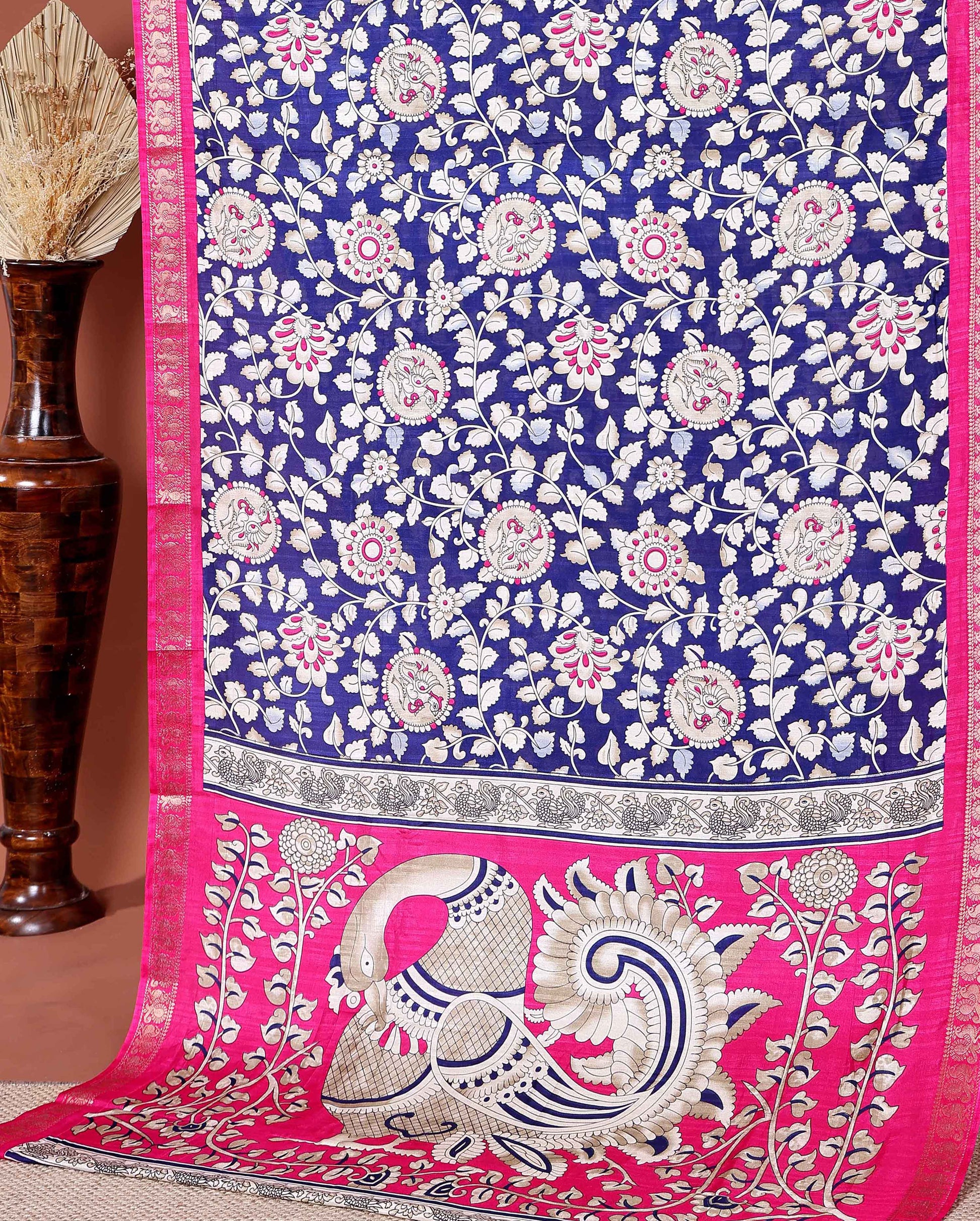 Elegant Semi Chanderi Saree with Traditional Kalamkari Print and Contrasting Peacock Pallu Design- Navy Blue 