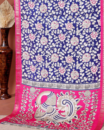 Elegant Semi Chanderi Saree with Traditional Kalamkari Print and Contrasting Peacock Pallu Design- Navy Blue 