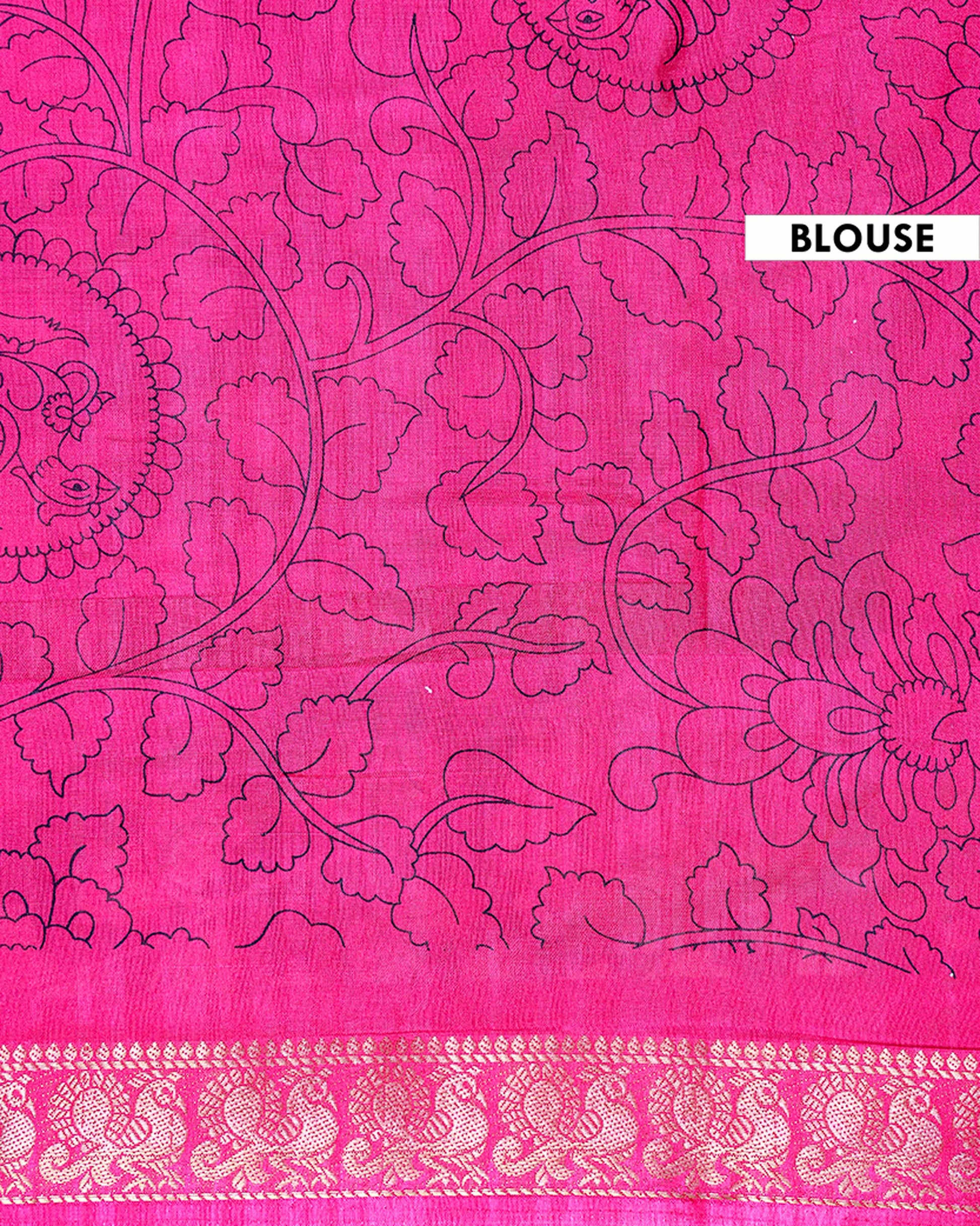 Elegant Semi Chanderi Saree with Traditional Kalamkari Print and Contrasting Peacock Pallu Design- Navy Blue 