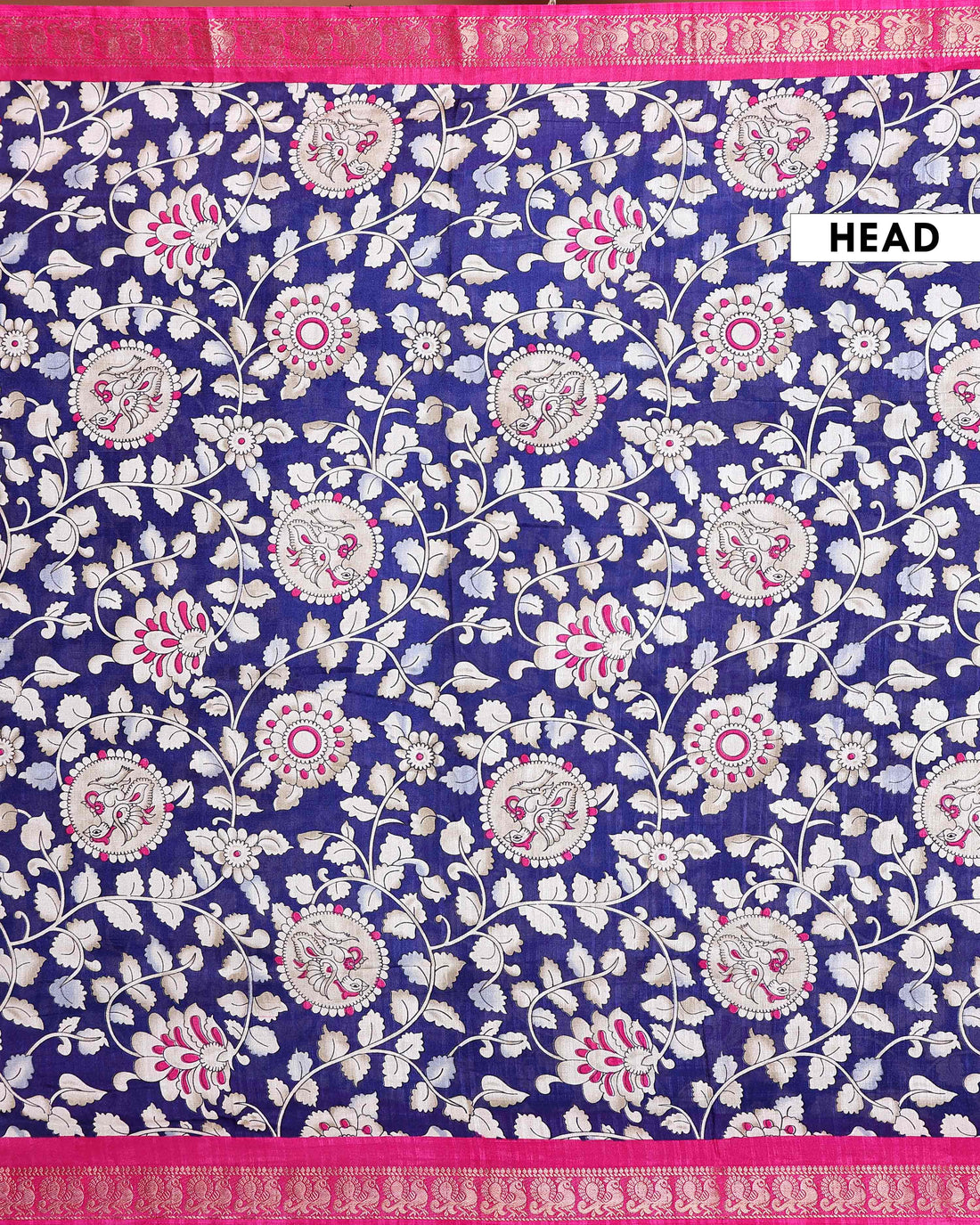 Elegant Semi Chanderi Saree with Traditional Kalamkari Print and Contrasting Peacock Pallu Design- Navy Blue 