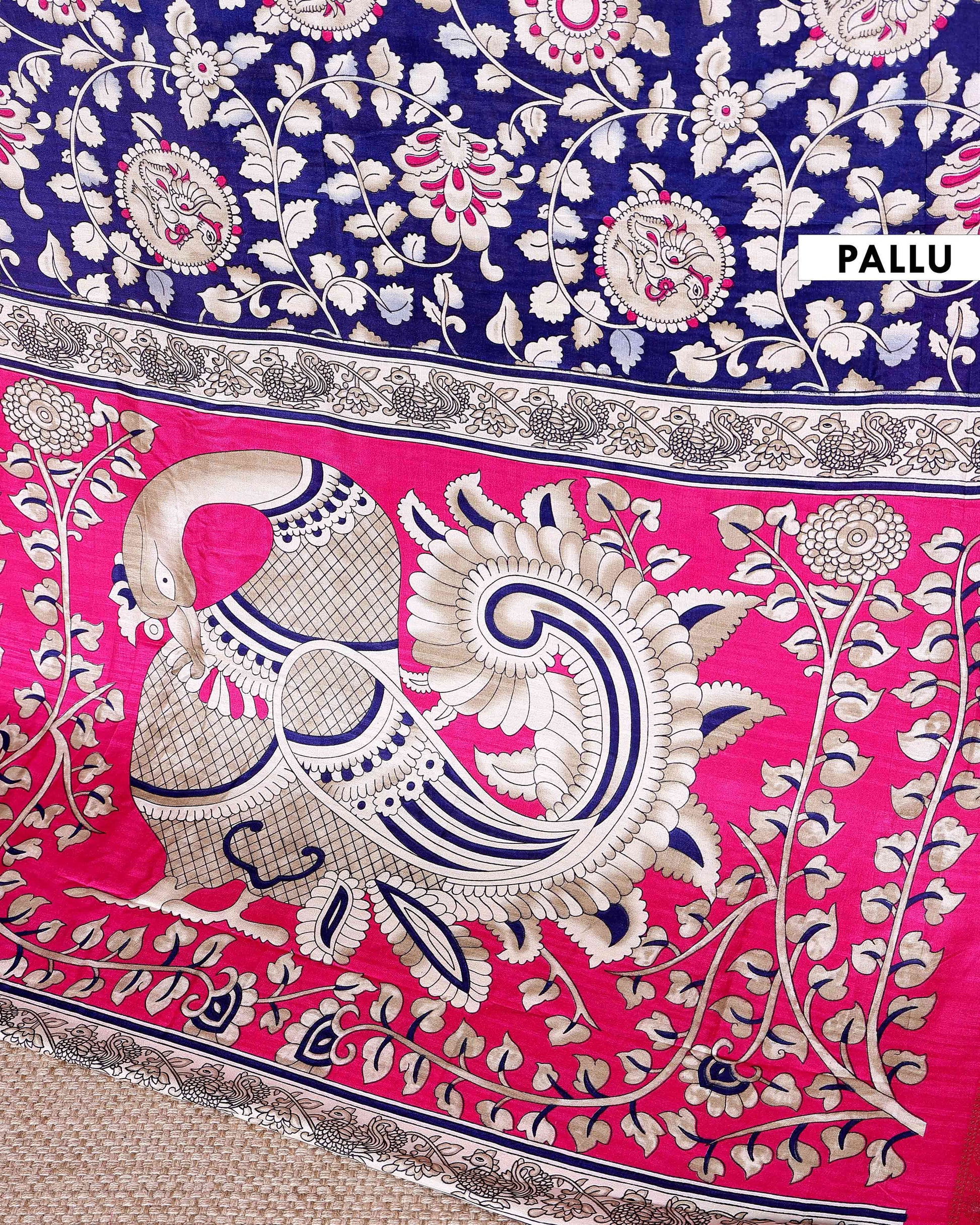 Elegant Semi Chanderi Saree with Traditional Kalamkari Print and Contrasting Peacock Pallu Design- Navy Blue 