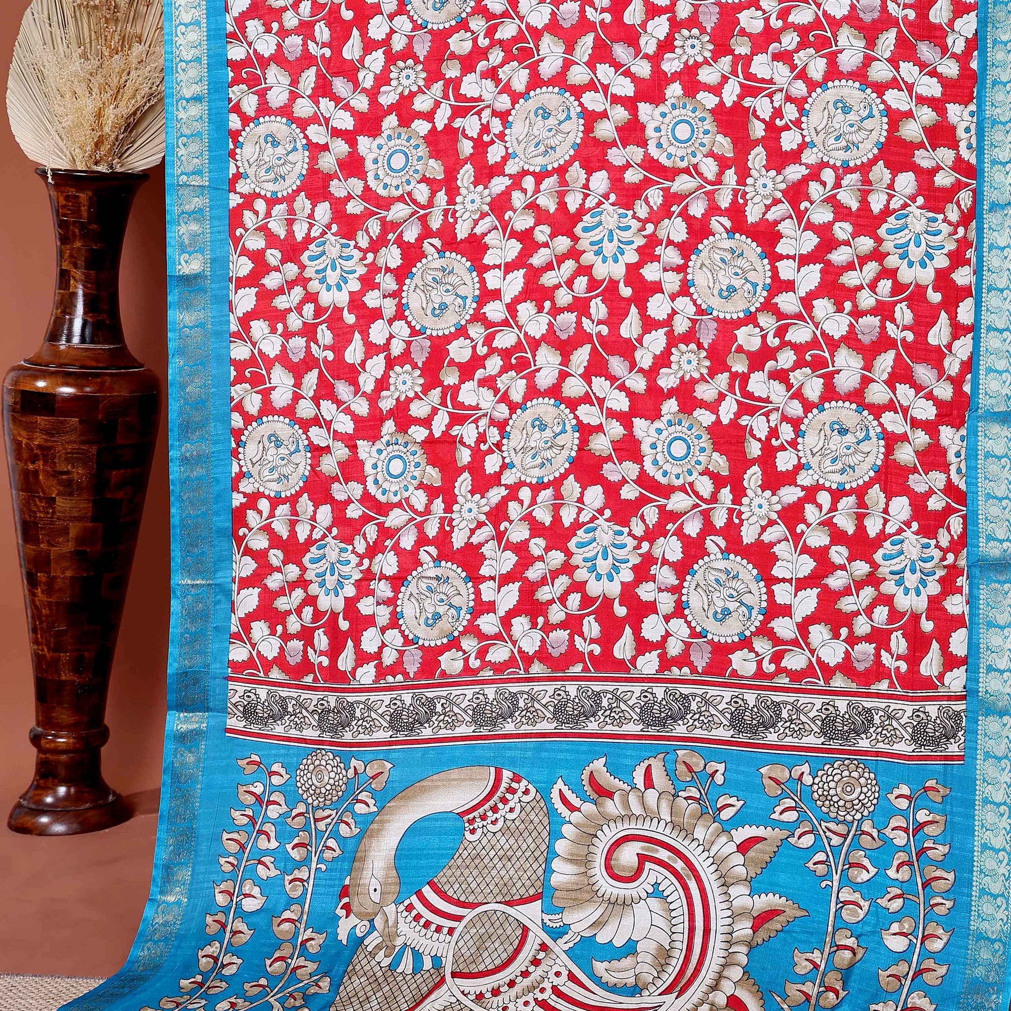 Elegant Semi Chanderi Saree with Traditional Kalamkari Print and Contrasting Peacock Pallu Design- Red