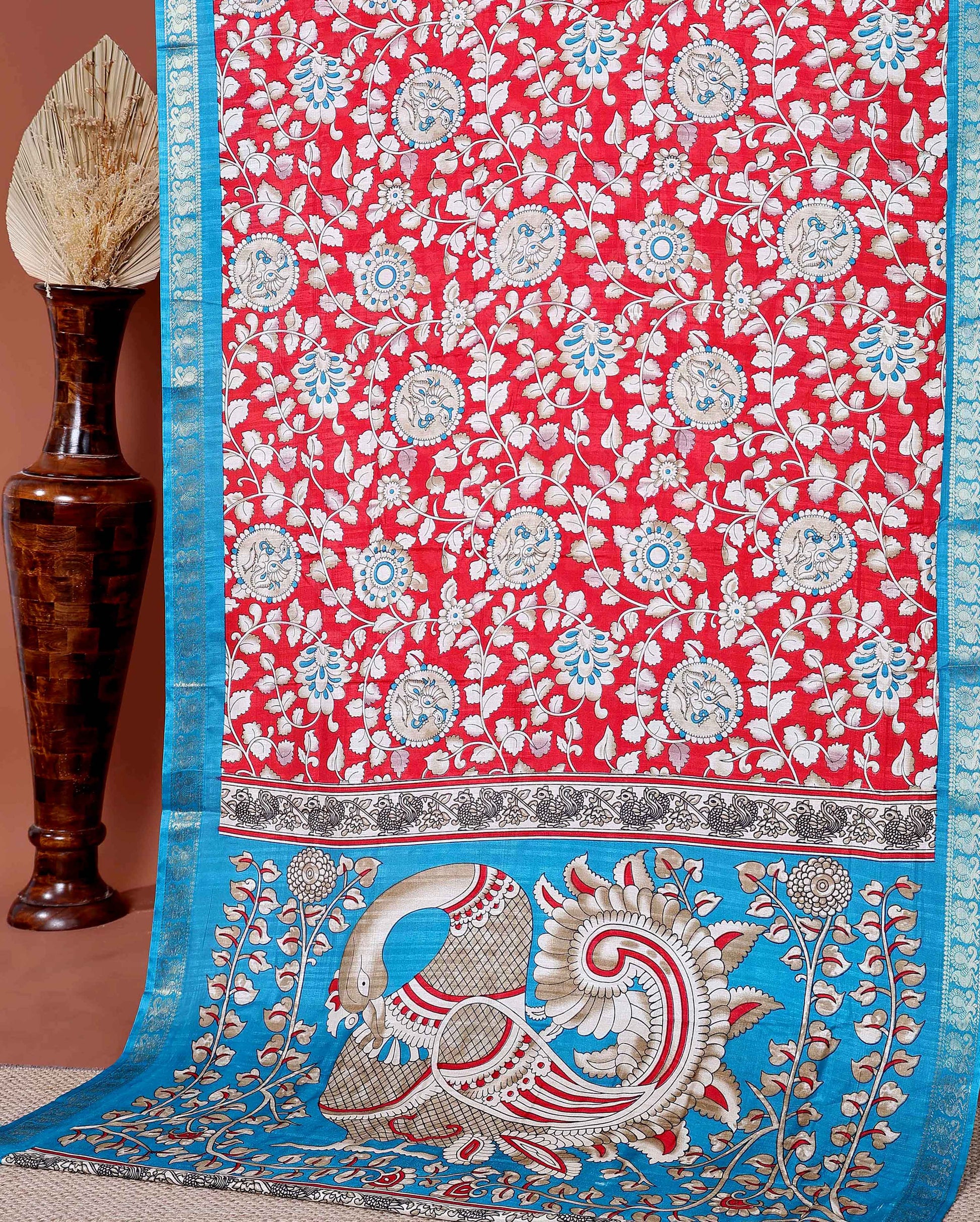 Elegant Semi Chanderi Saree with Traditional Kalamkari Print and Contrasting Peacock Pallu Design- Red