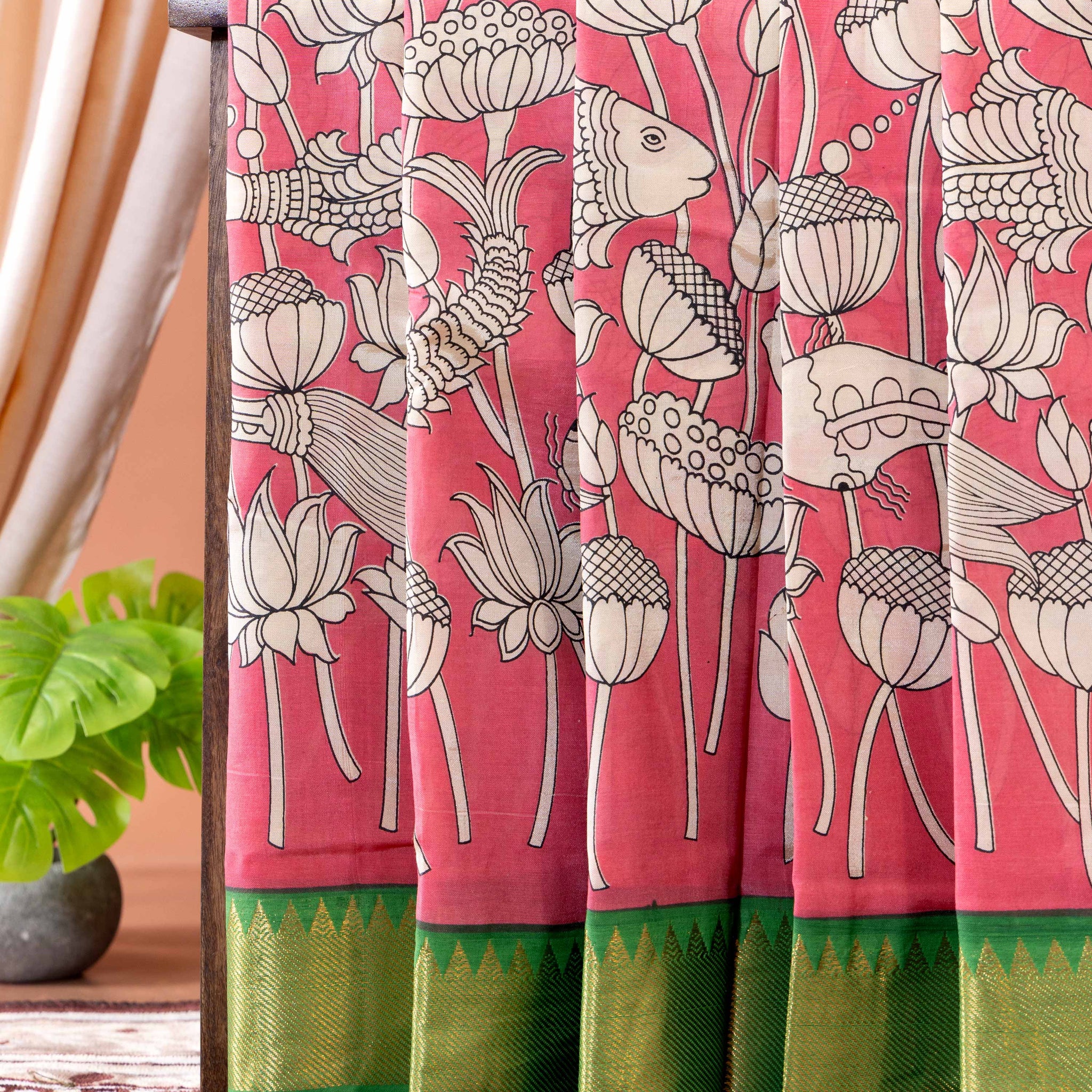 Elegant Semi Chanderi Saree with Traditional Kalamkari inspired Floral Print - Pink