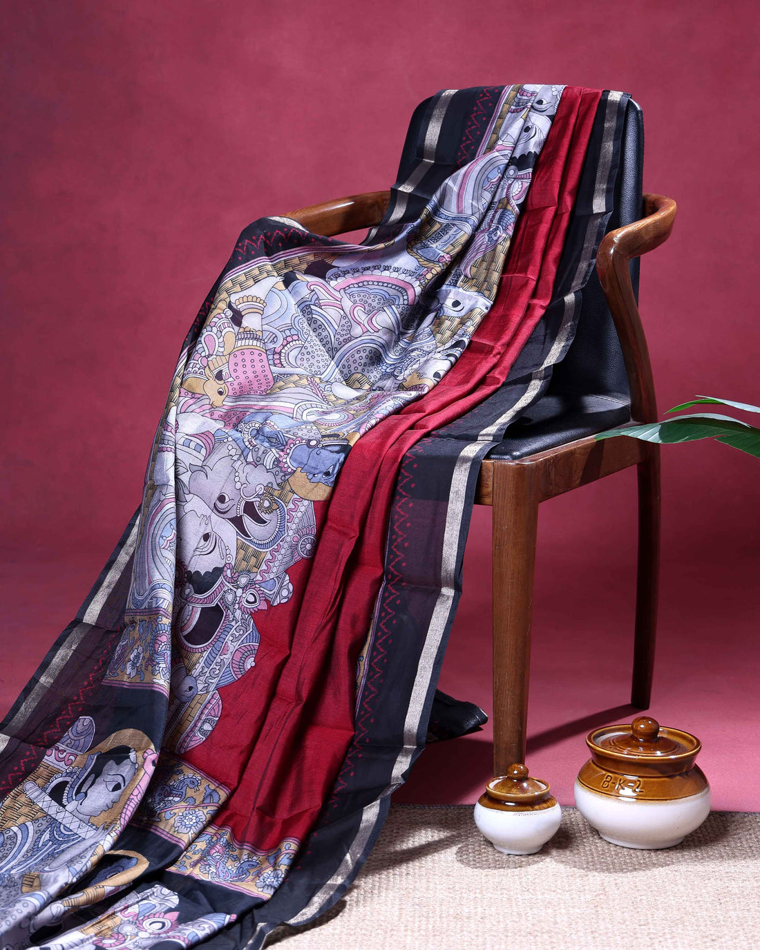Elegant Semi Chanderi Saree with Traditional Mythological Kalamkari Inspired Narrative Border  - Red
