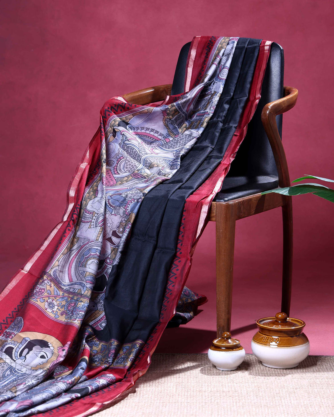 Elegant Semi Chanderi Saree with Traditional Mythological Print and Intricate Artistic Border Design - Black