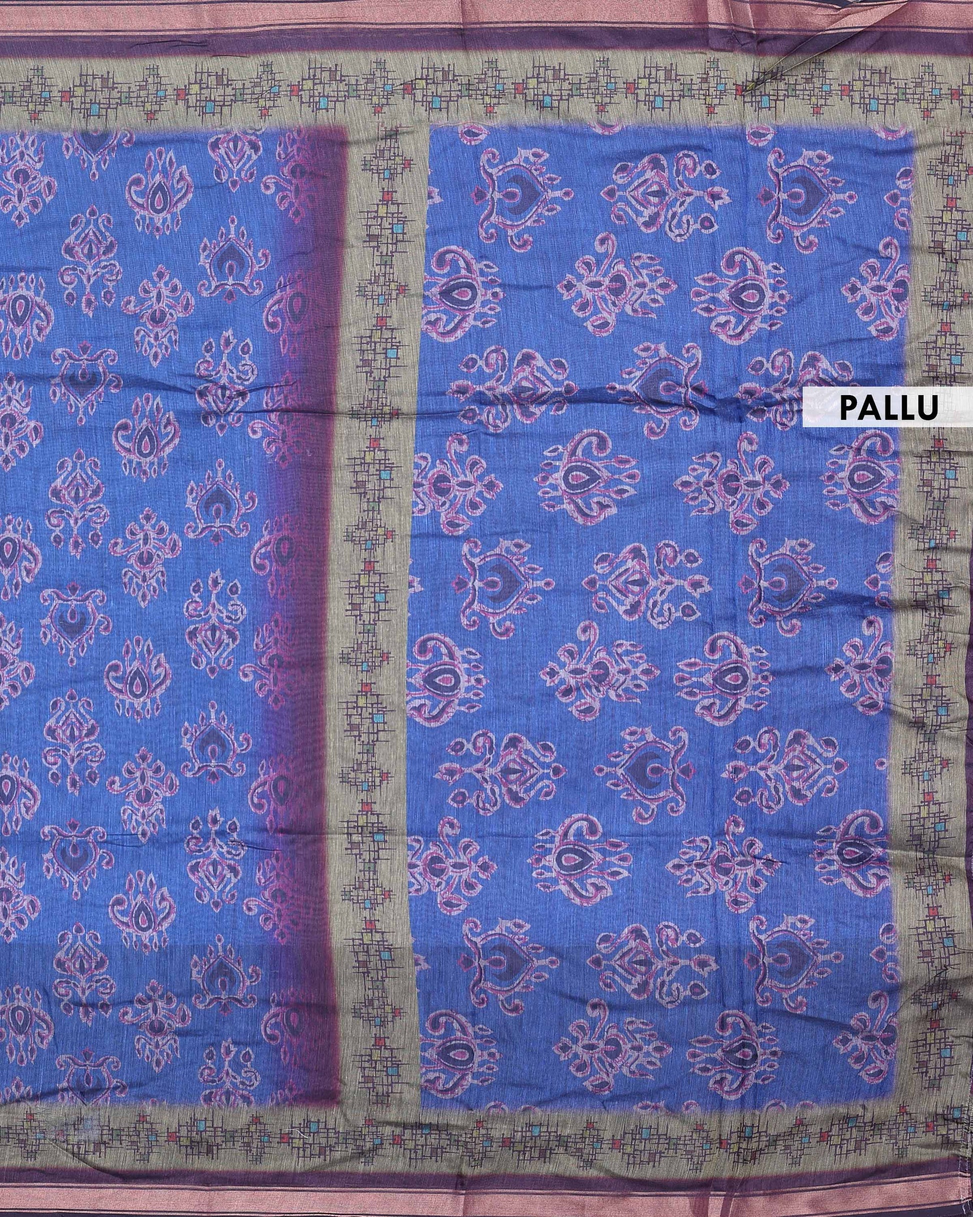 Elegant Semi Chanderi Saree with Traditional Paisley Motifs and Woven Contrast Zari Border - Blue-Pallu