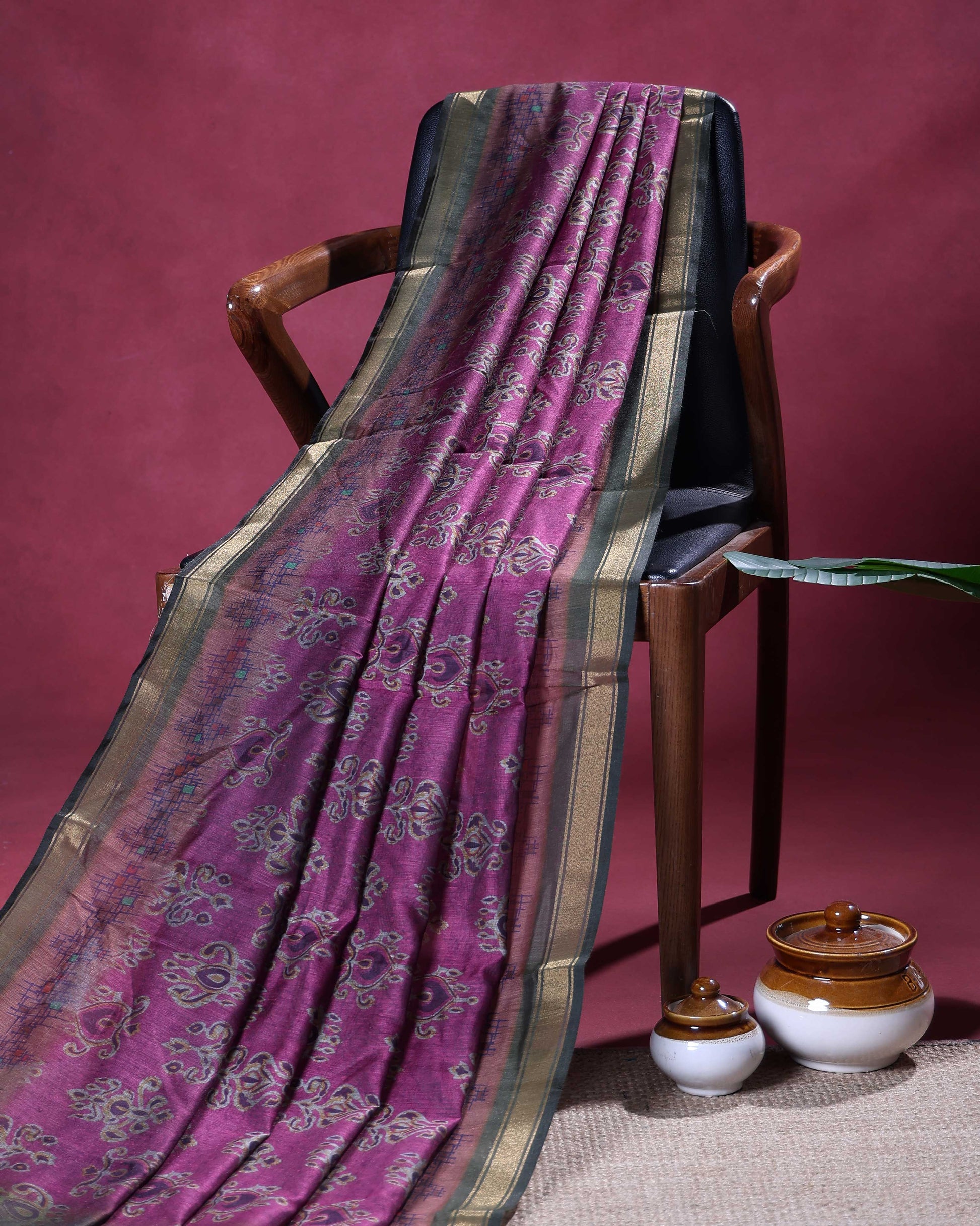 Elegant Semi Chanderi Saree with Traditional Paisley Motifs and Woven Contrast Zari Border - Magenta Pink
