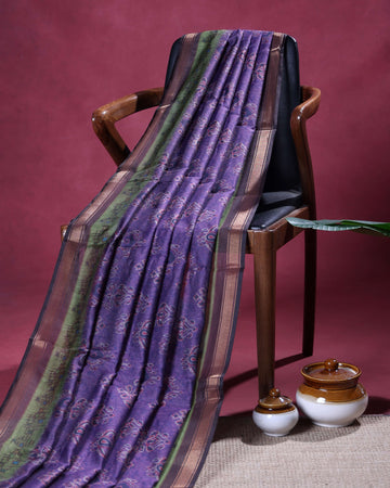 Elegant Semi Chanderi Saree with Traditional Paisley Motifs and Woven Contrast Zari Border - Purple