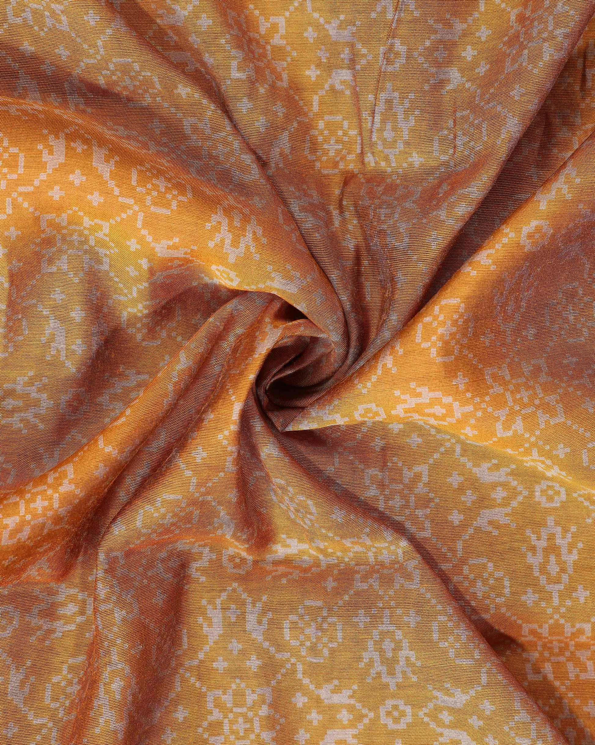 Elegant Semi Chanderi Saree with Traditional Woven Geometric Motifs and Rich Contrast Zari Border - Mustard-Close Up