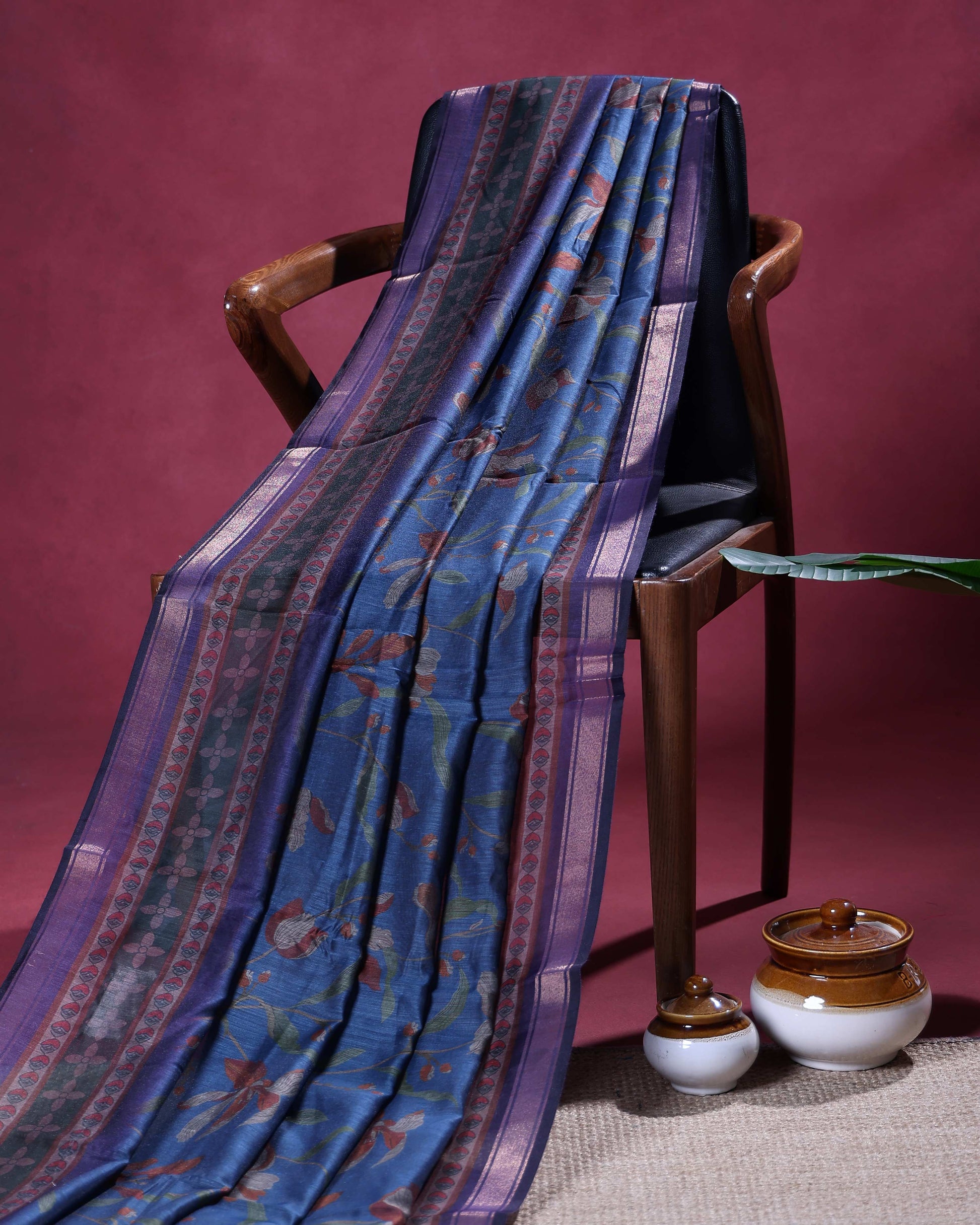 Elegant Semi Chanderi Saree with Woven Floral Butta Design and Contrast Zari Border - Blue