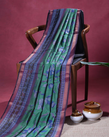 Elegant Semi Chanderi Saree with Woven Floral Butta Design and Contrast Zari Border - Green