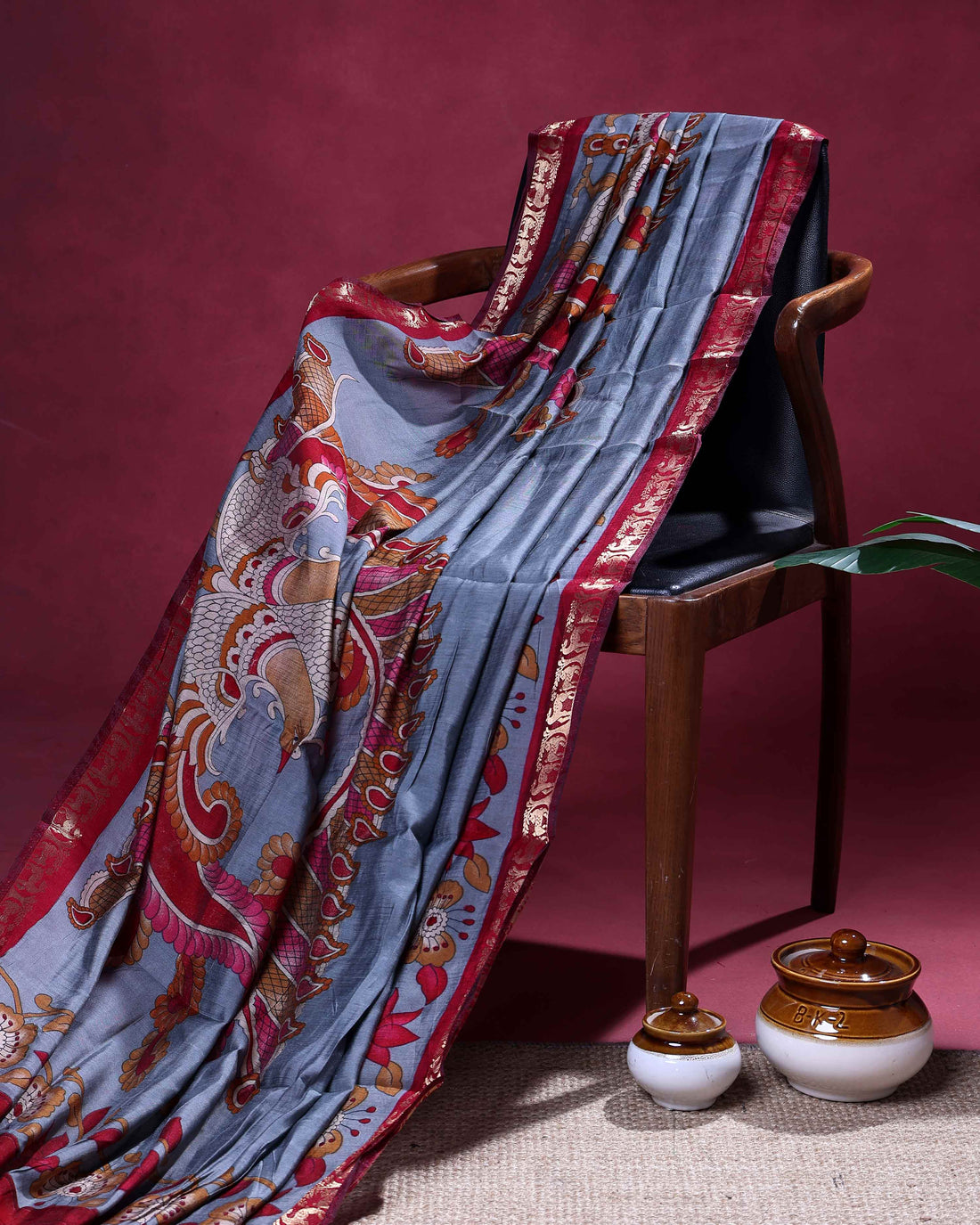 Elegant Semi Chanderi Saree with a Half Plain and Half Kalamkari Inspired Body and a Zari Border - Grey