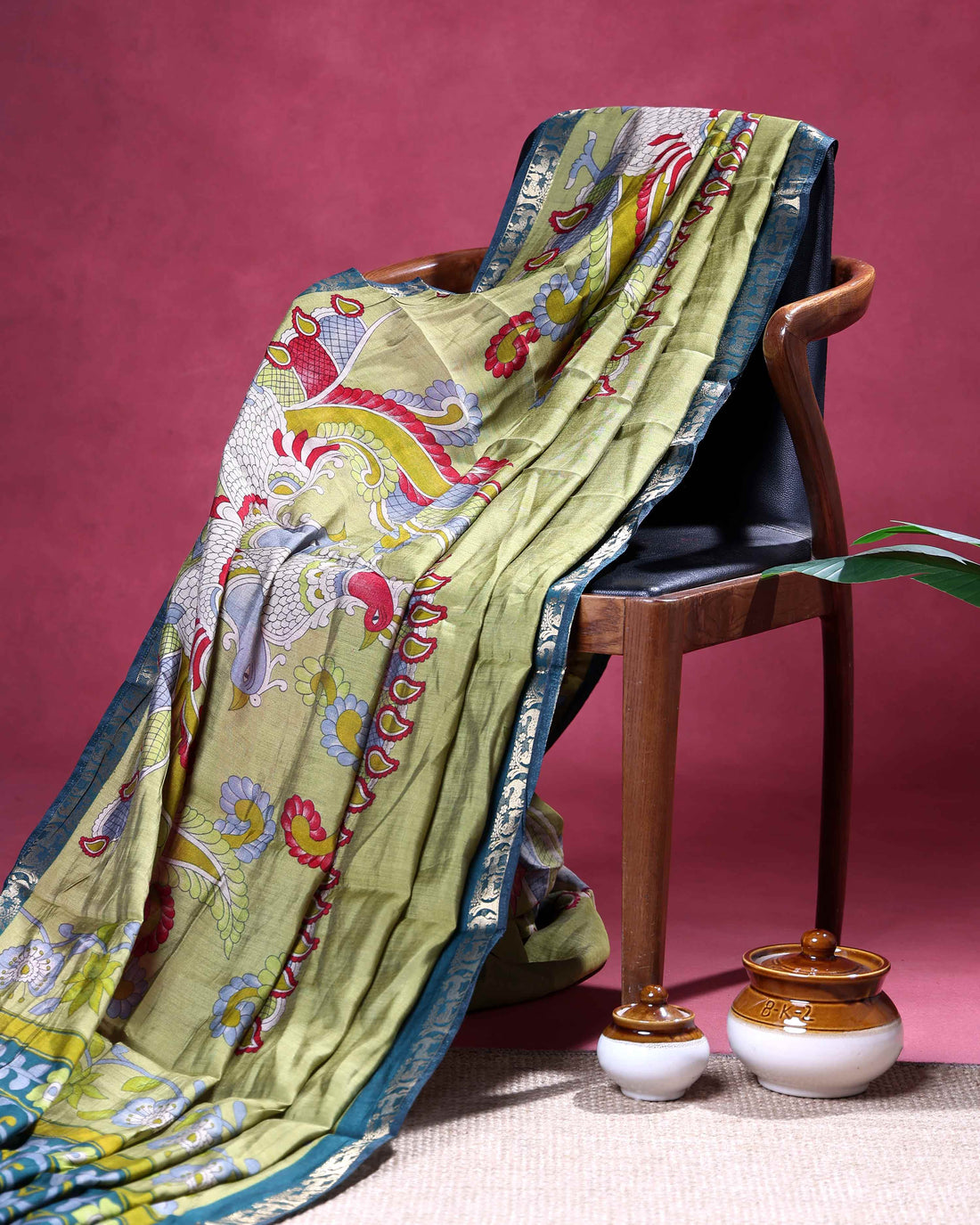 Elegant Semi Chanderi Saree with a Half Plain and Half Kalamkari Inspired Body and a Zari Border - Light Green
