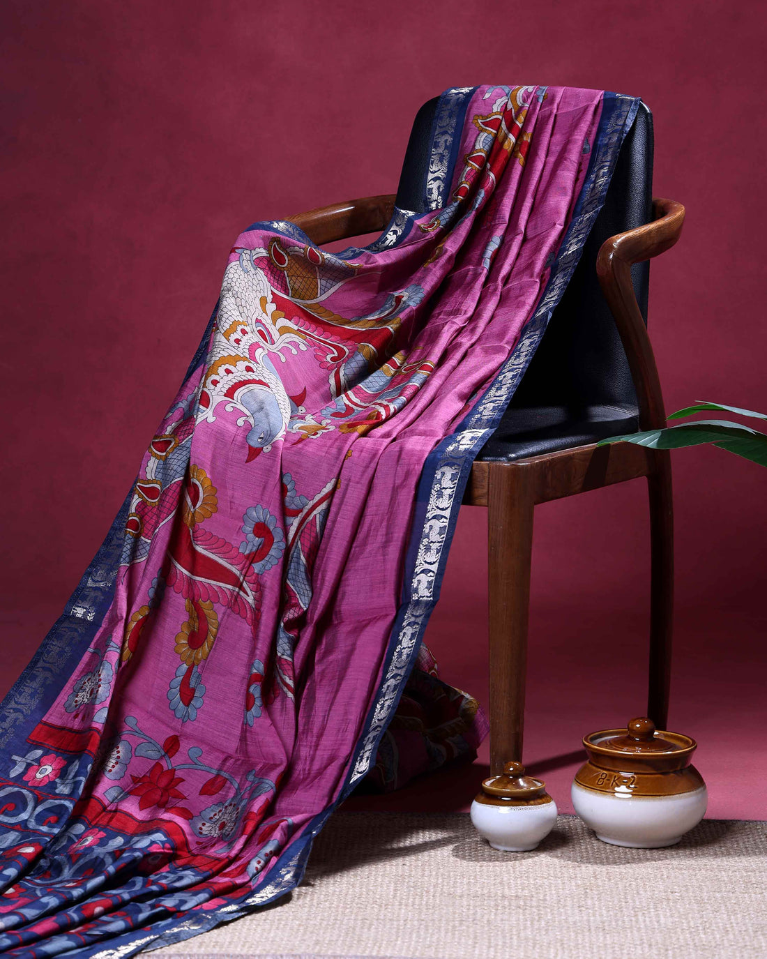 Elegant Semi Chanderi Saree with a Half Plain and Half Kalamkari Inspired Body and a Zari Border - Pink