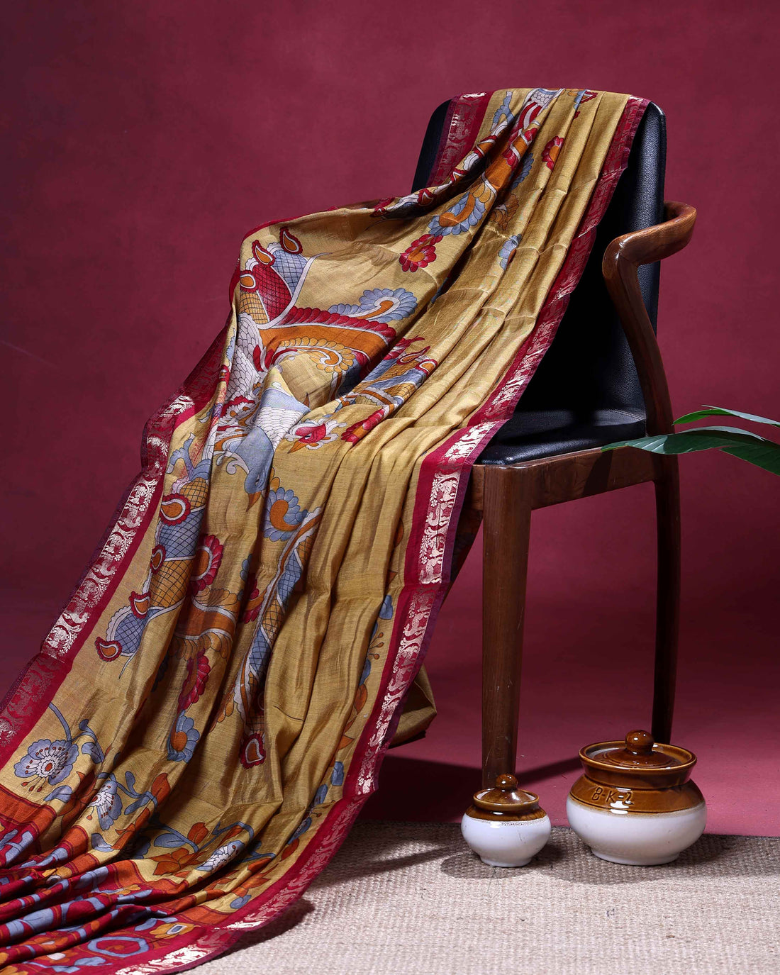 Elegant Semi Chanderi Saree with a Half Plain and Half Kalamkari Inspired Body and a Zari Border - Yellow