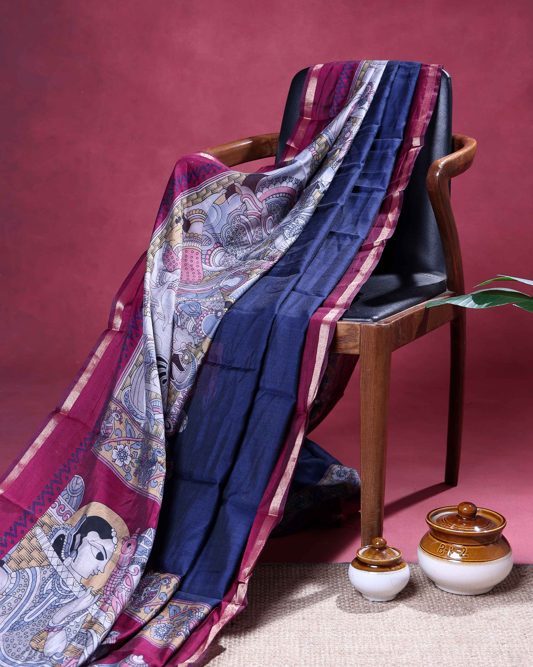 Elegant Semi Chanderi Saree with a Half Plain and Half Madubani Inspired Body and a Plain Border - Navy