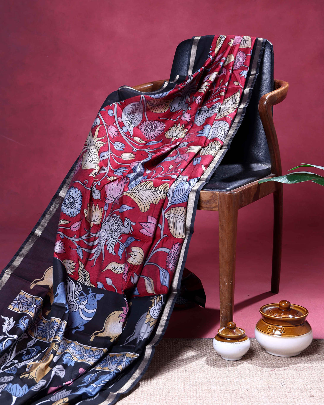Elegant Semi Chanderi Saree with a Madubani Inspired Body and a Plain Border - Red