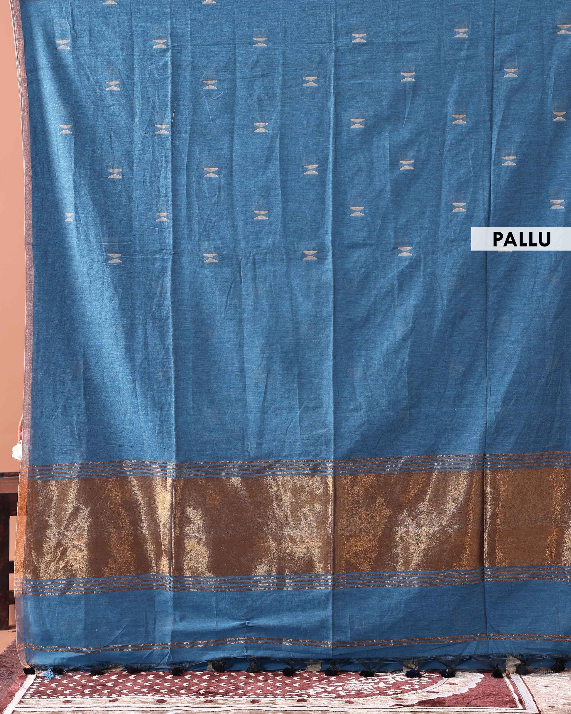 Elegant Semi Silk Cotton Saree Golden Zari Border and All-Over Thread Motifs - Blue