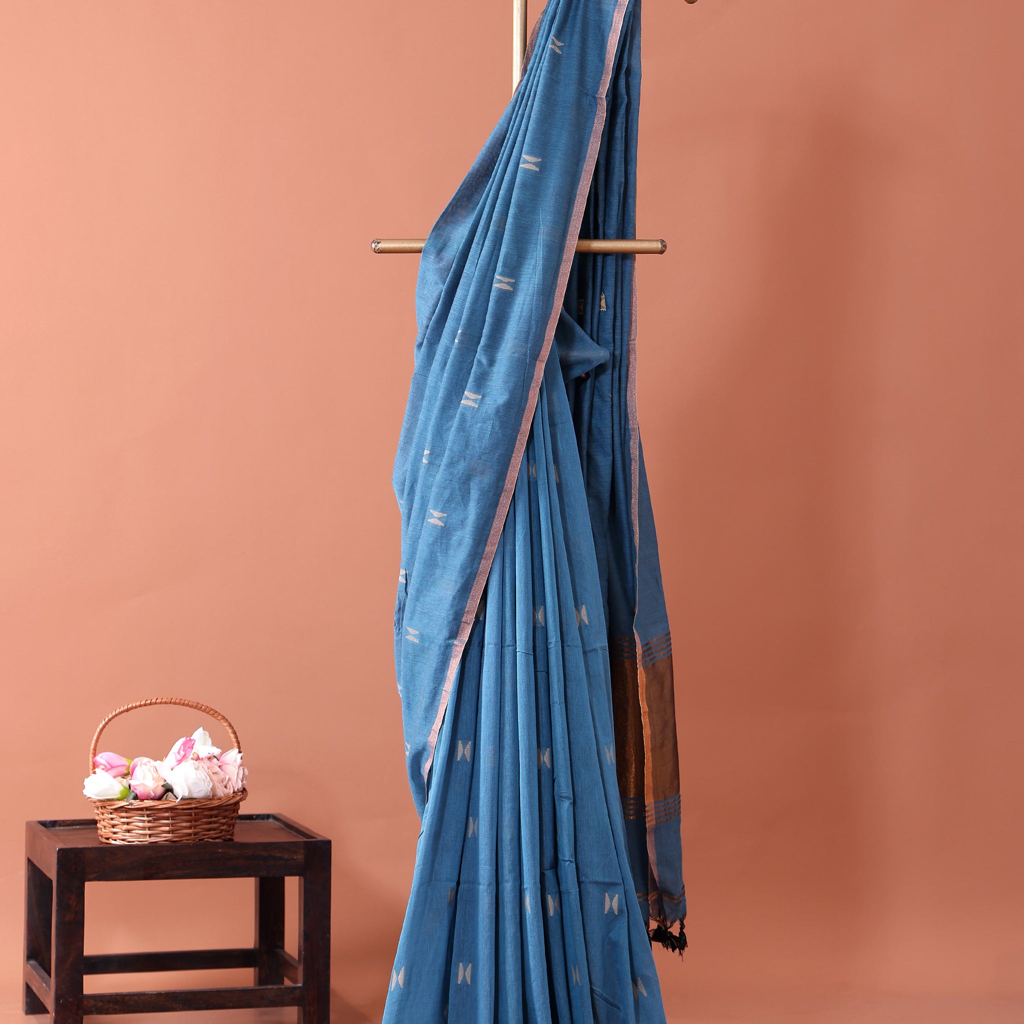 Elegant Semi Silk Cotton Saree Golden Zari Border and All-Over Thread Motifs - Blue