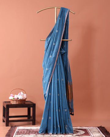 Elegant Semi Silk Cotton Saree Golden Zari Border and All-Over Thread Motifs - Blue