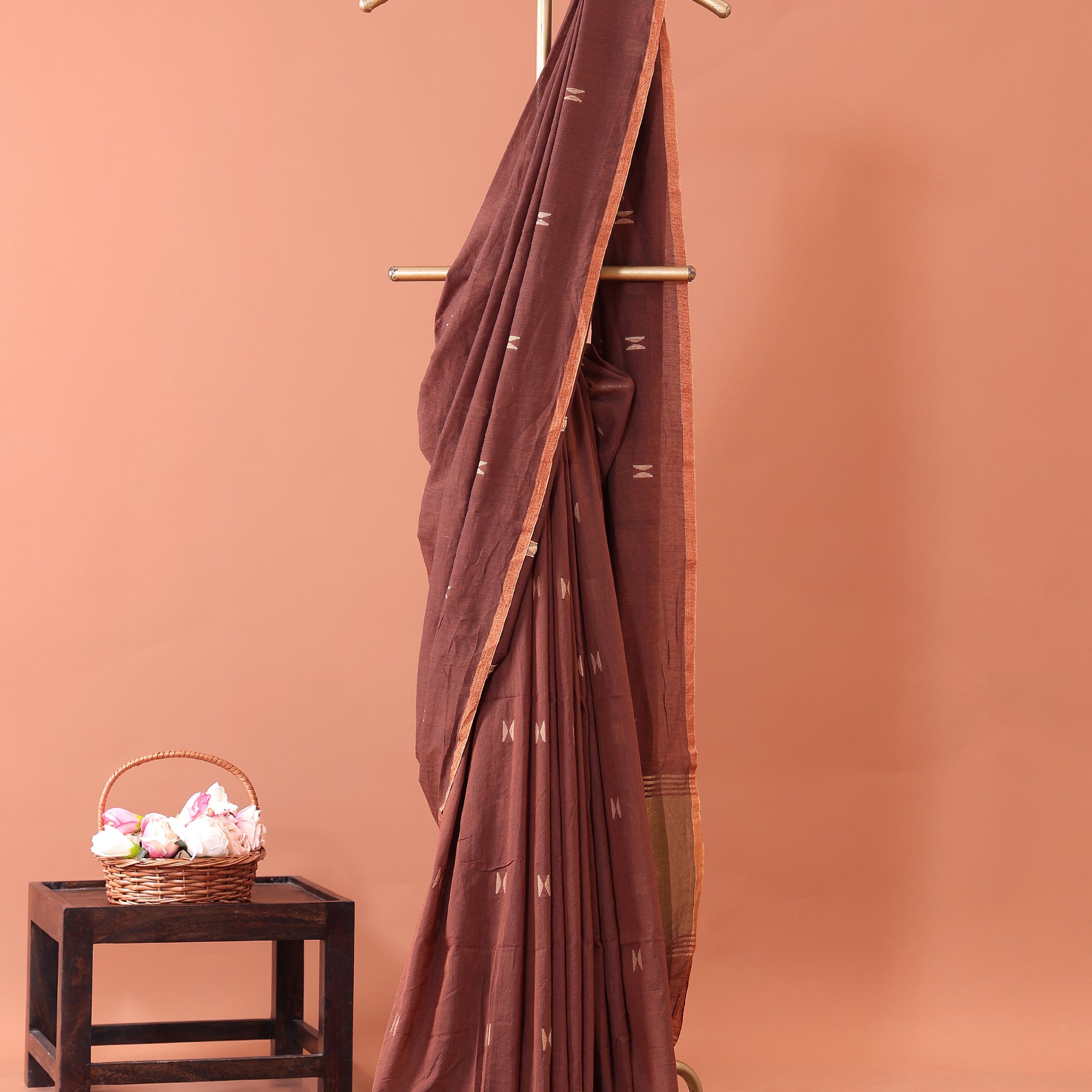 Elegant Semi Silk Cotton Saree Golden Zari Border and All-Over Thread Motifs - Brown