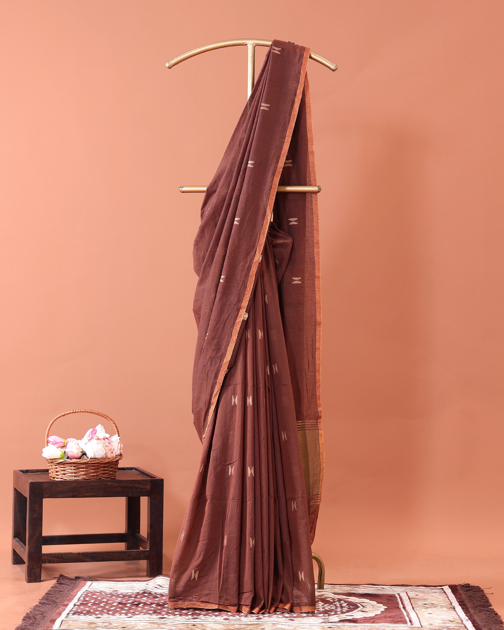 Elegant Semi Silk Cotton Saree Golden Zari Border and All-Over Thread Motifs - Brown