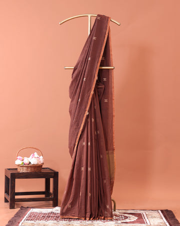 Elegant Semi Silk Cotton Saree Golden Zari Border and All-Over Thread Motifs - Brown