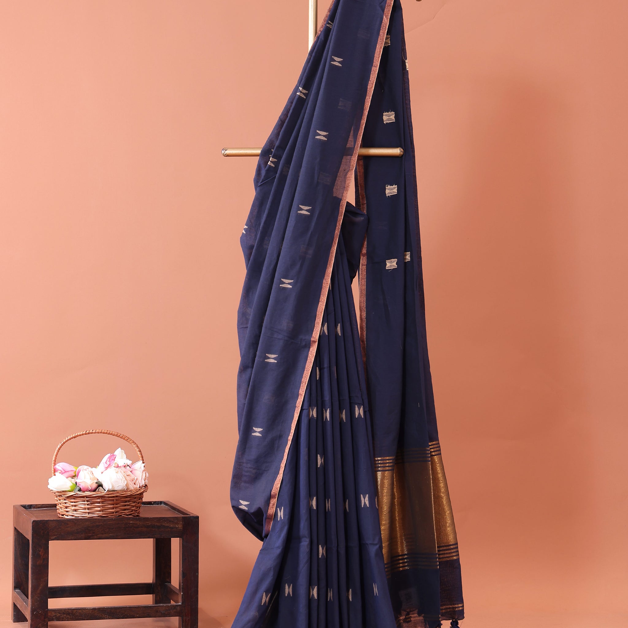 Elegant Semi Silk Cotton Saree Golden Zari Border and All-Over Thread Motifs - Navy Blue