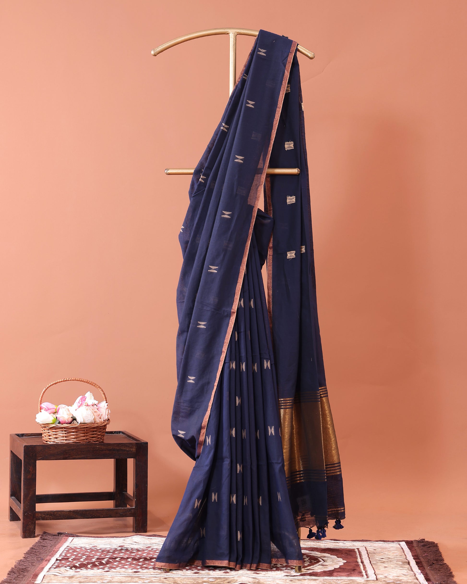 Elegant Semi Silk Cotton Saree Golden Zari Border and All-Over Thread Motifs - Navy Blue