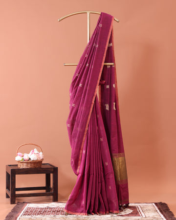 Elegant Semi Silk Cotton Saree Golden Zari Border and All-Over Thread Motifs - Onion Pink