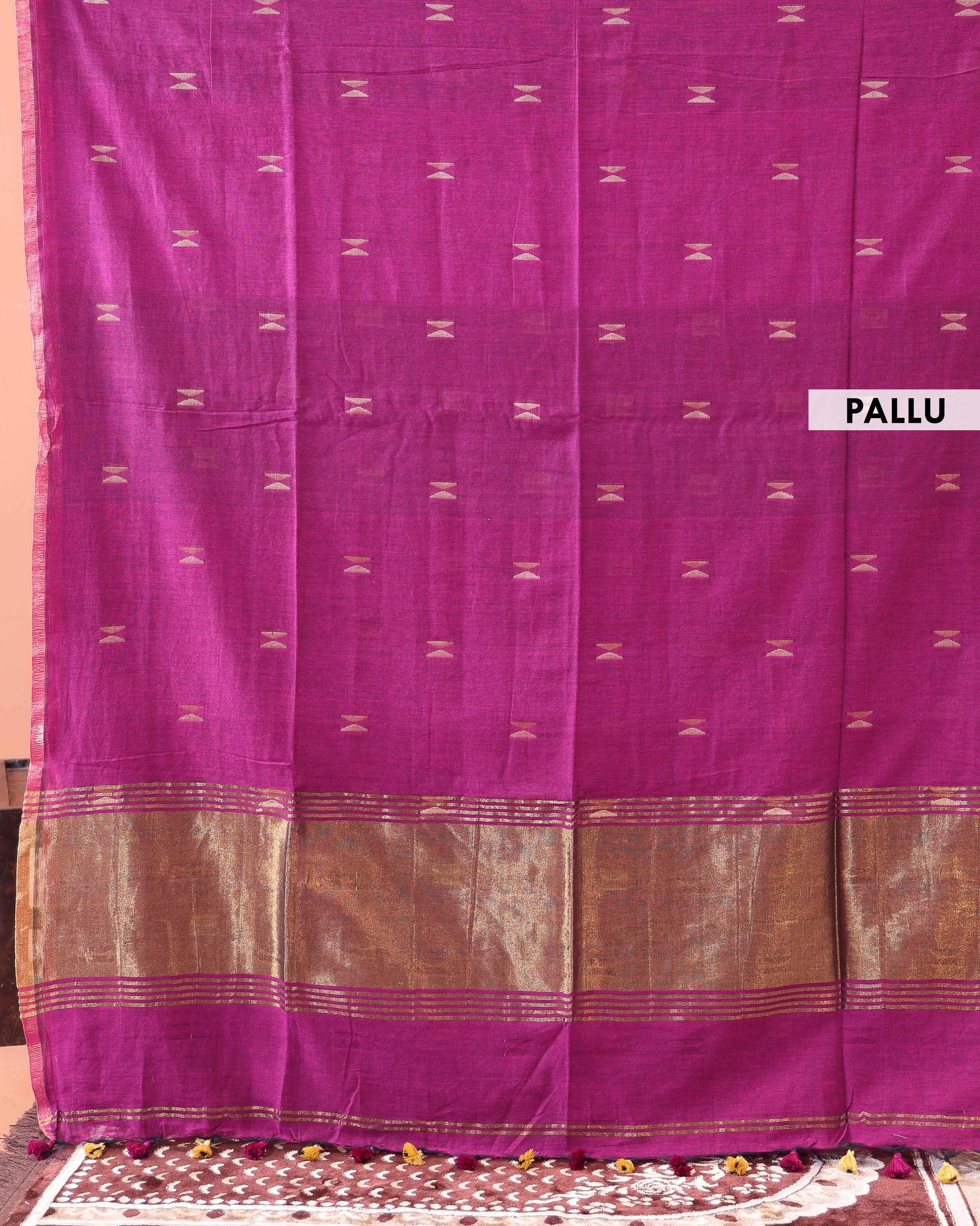 Elegant Semi Silk Cotton Saree Golden Zari Border and All-Over Thread Motifs - Pink