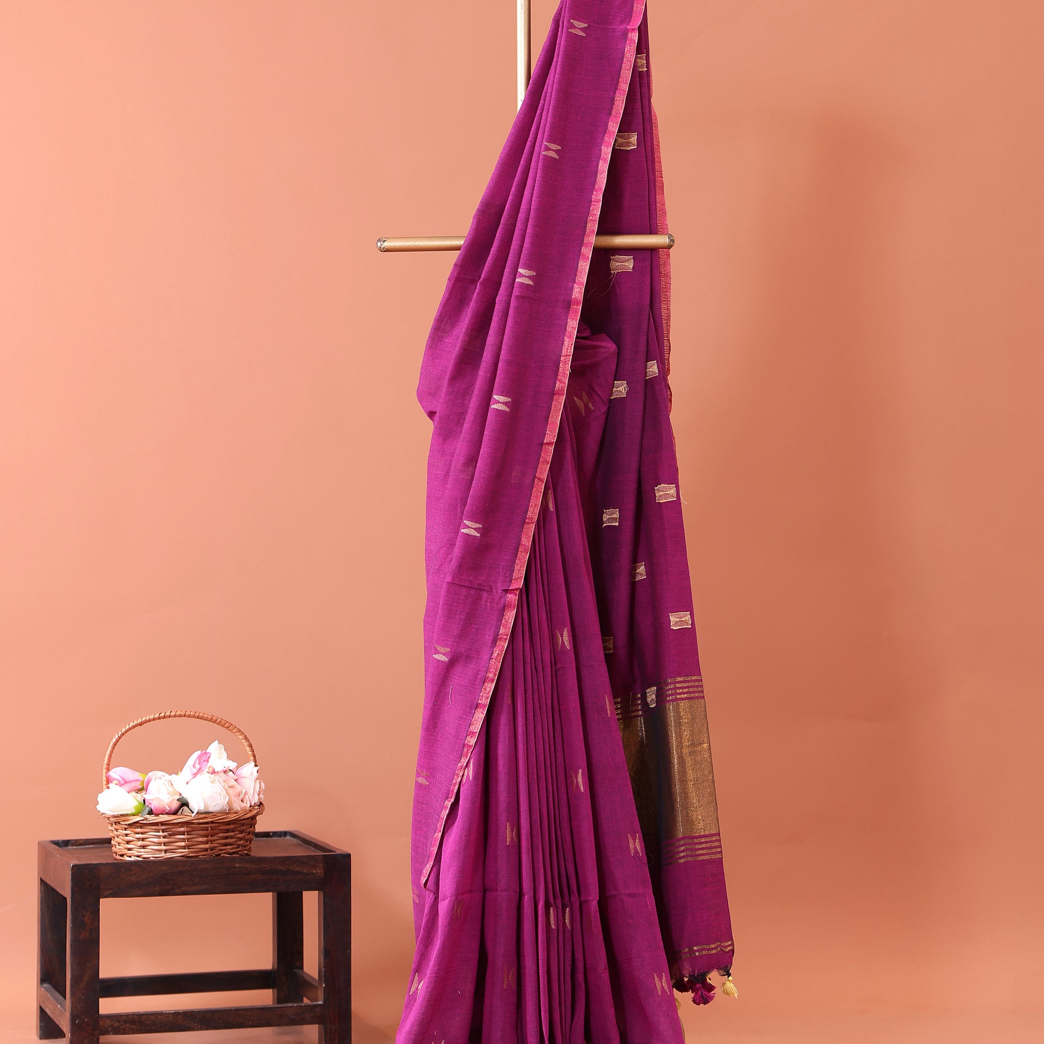 Elegant Semi Silk Cotton Saree Golden Zari Border and All-Over Thread Motifs - Purple