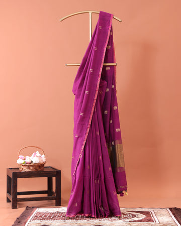 Elegant Semi Silk Cotton Saree Golden Zari Border and All-Over Thread Motifs - Purple