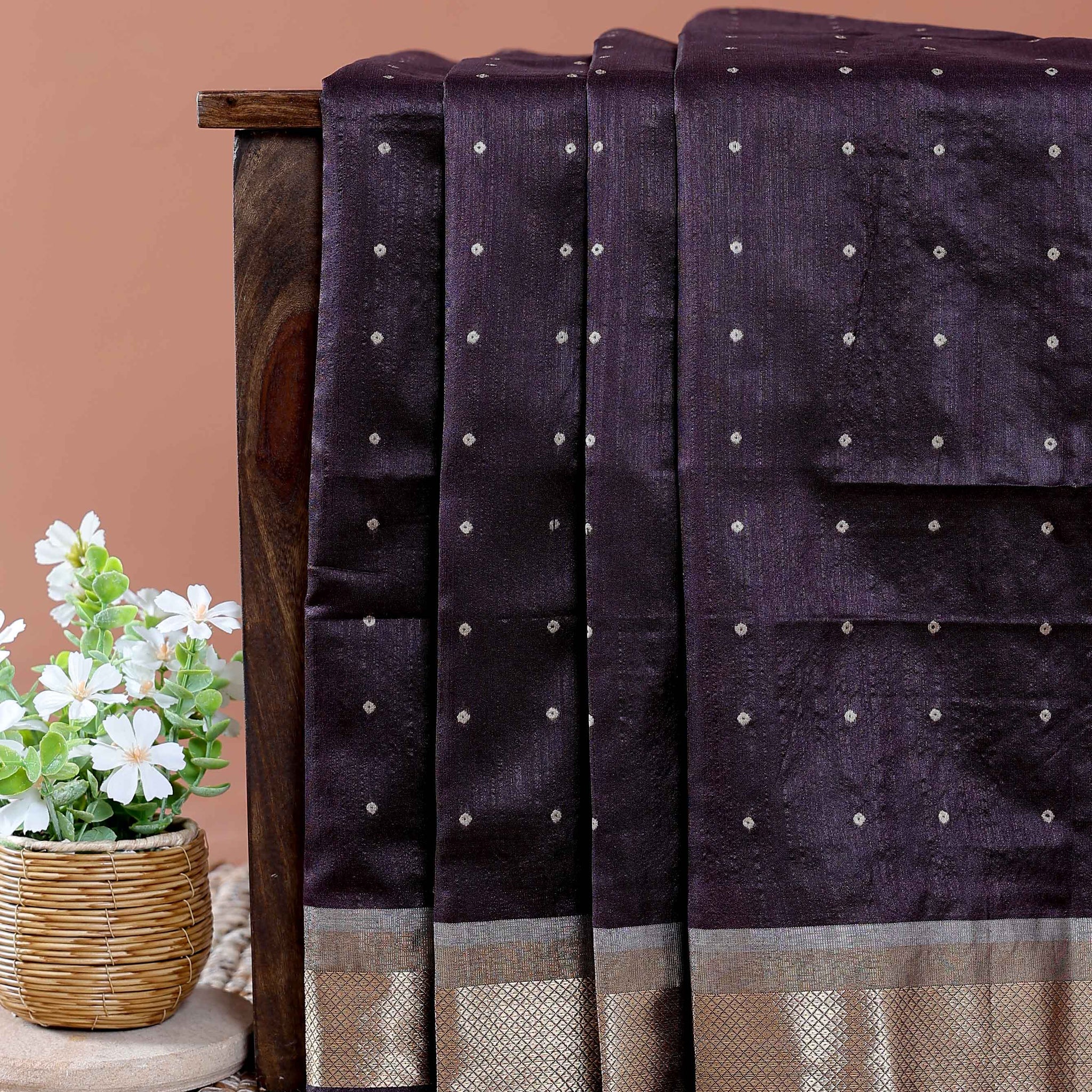 Elegant Semi Silk Saree with All-Over Zari Buttas and Woven Pallu - Dark Brown