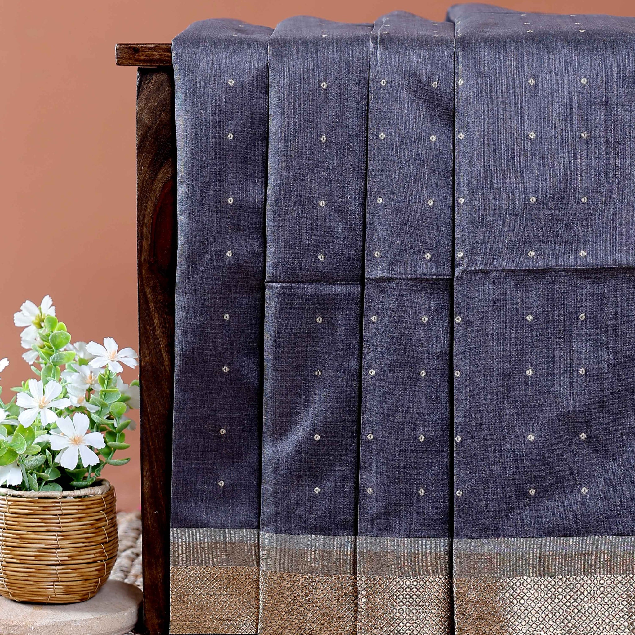 Elegant Semi Silk Saree with All-Over Zari Buttas and Woven Pallu - Dark Grey