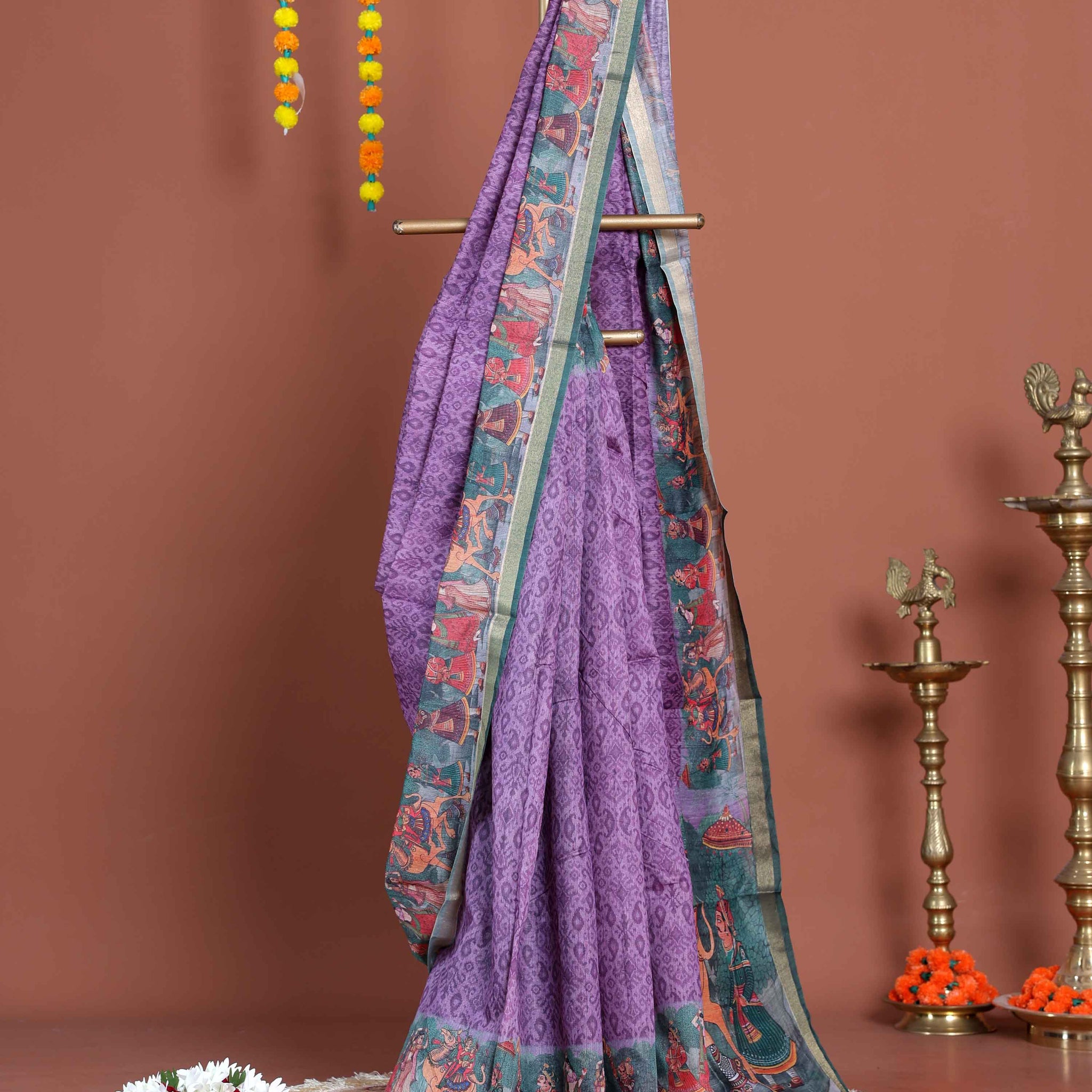 Elegant Semi Silk Saree with Intricate Diamond Pattern and Traditional Border - Lavender
