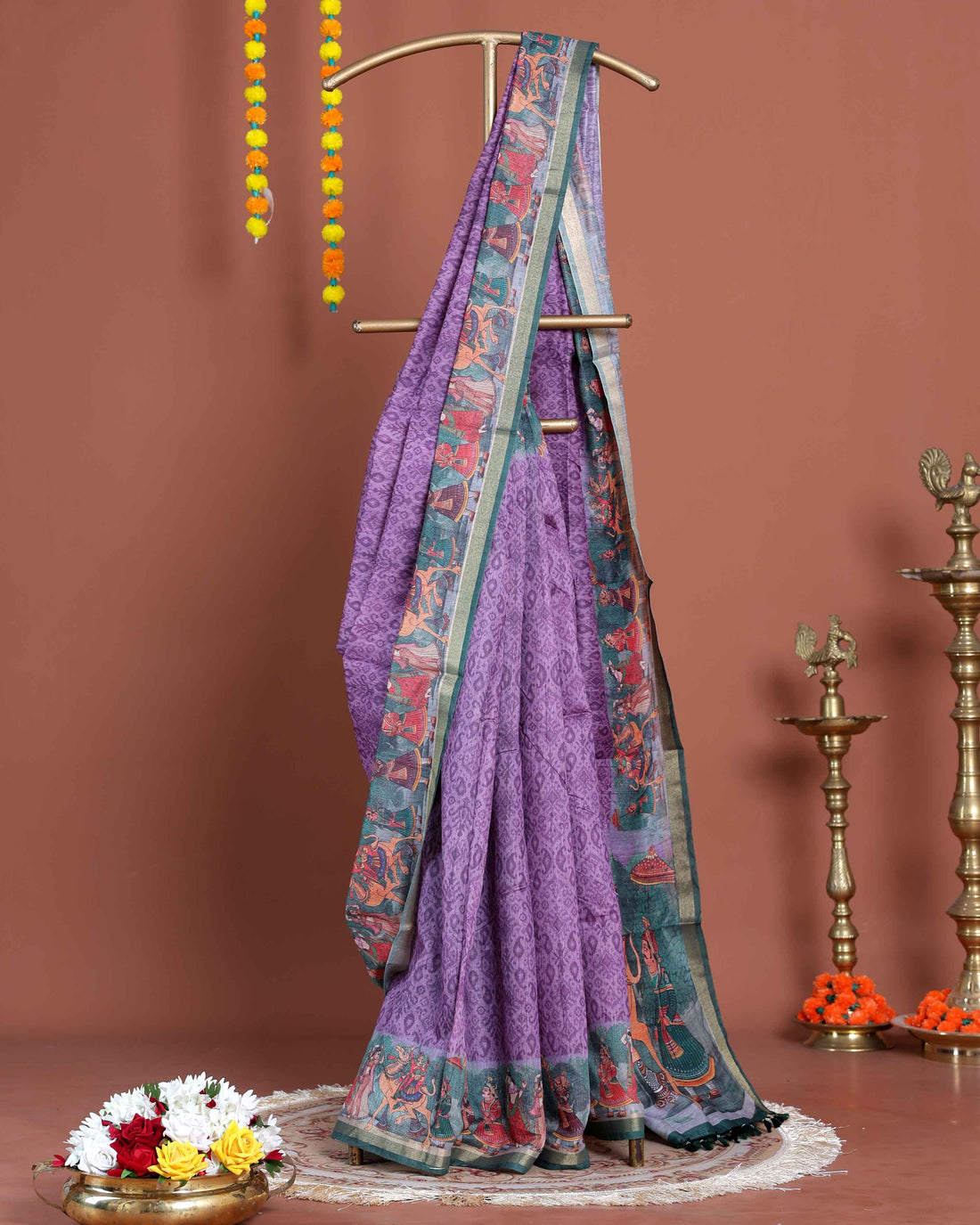 Elegant Semi Silk Saree with Intricate Diamond Pattern and Traditional Border - Lavender
