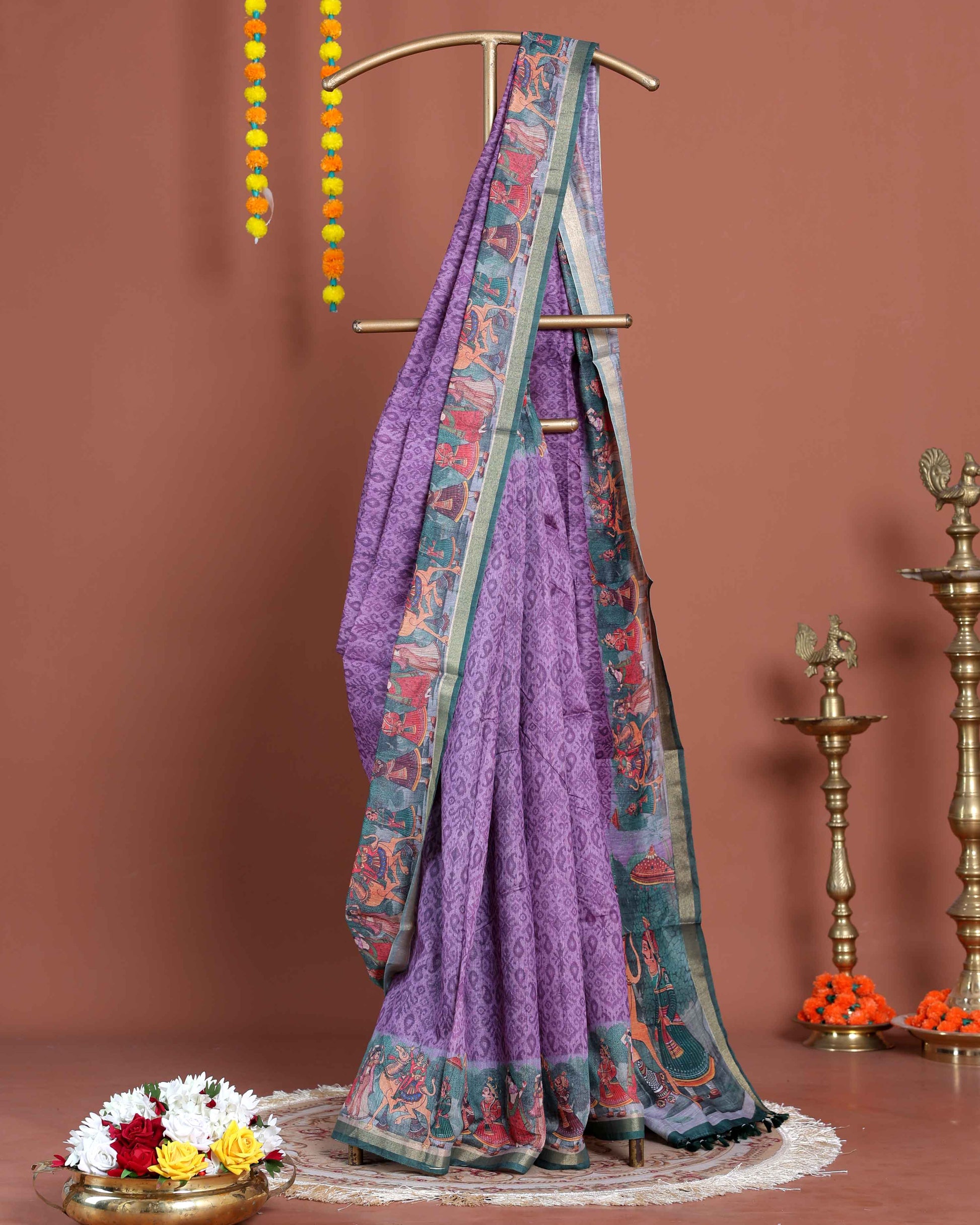 Elegant Semi Silk Saree with Intricate Diamond Pattern and Traditional Border - Lavender