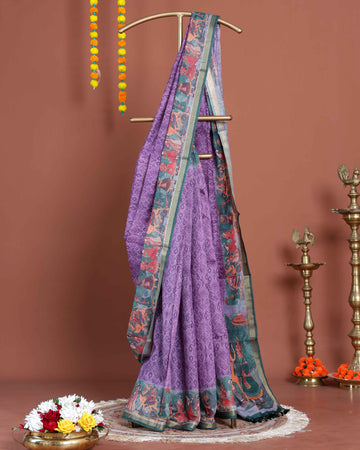 Elegant Semi Silk Saree with Intricate Diamond Pattern and Traditional Border - Lavender