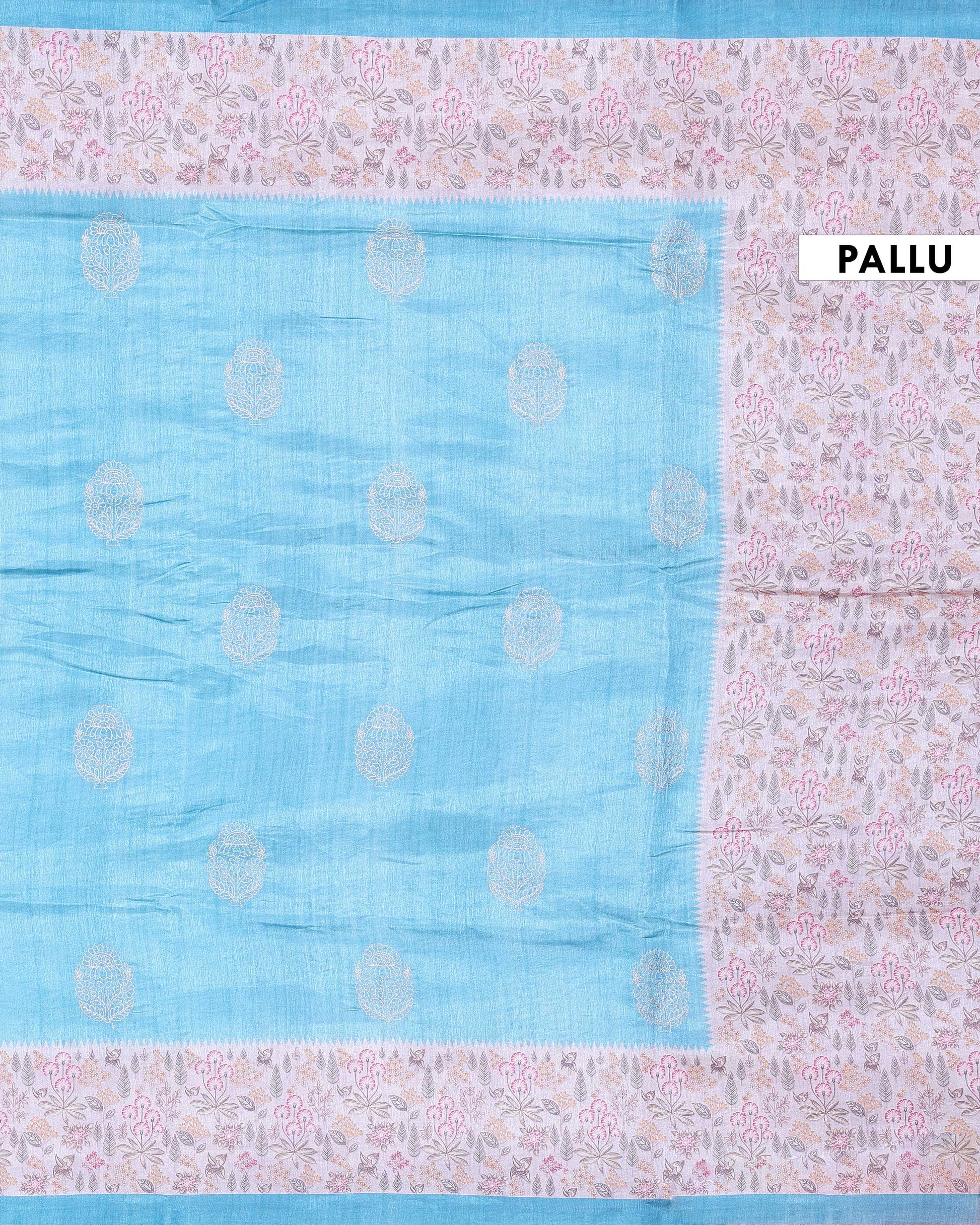 Elegant Semi Tussar Floral Embroided Saree with a Classic Self Floral Border - Blue-Pallu