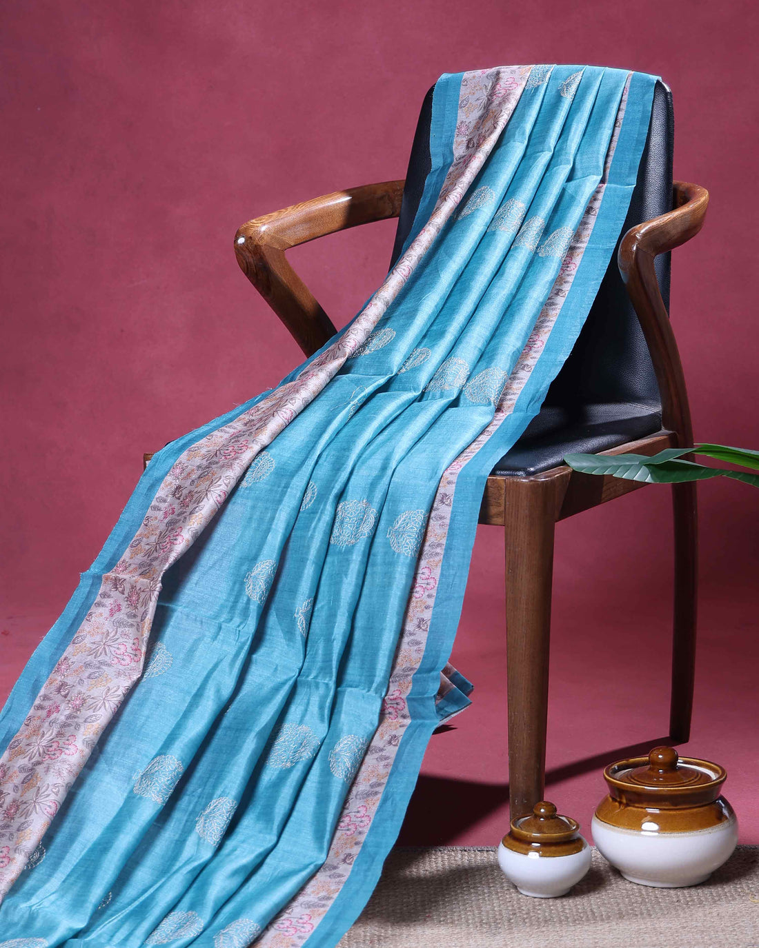 Elegant Semi Tussar Floral Embroided Saree with a Classic Self Floral Border - Blue