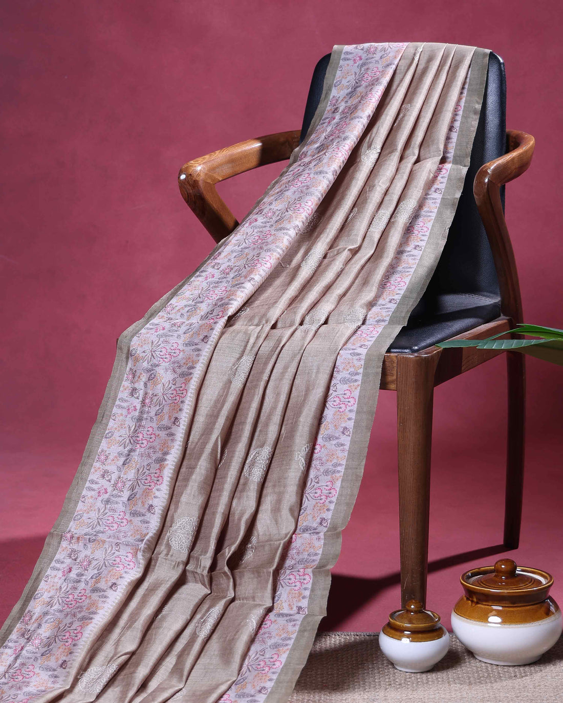 Elegant Semi Tussar Floral Embroided Saree with a Classic Self Floral Border - Brown