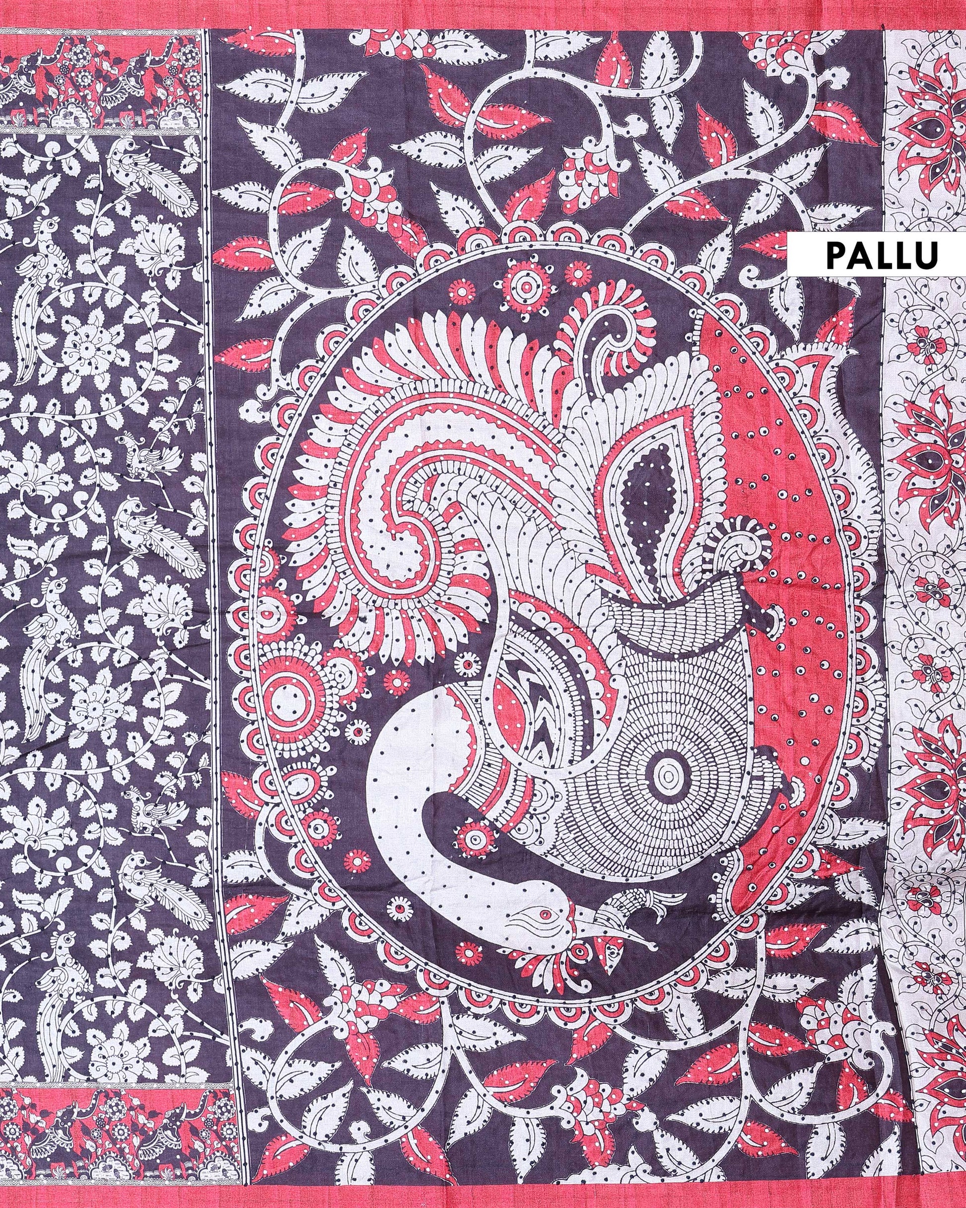 Elegant Semi Tussar Kalamkari Inspired Knot Work Saree with a Classic Self Border - Black-Pallu