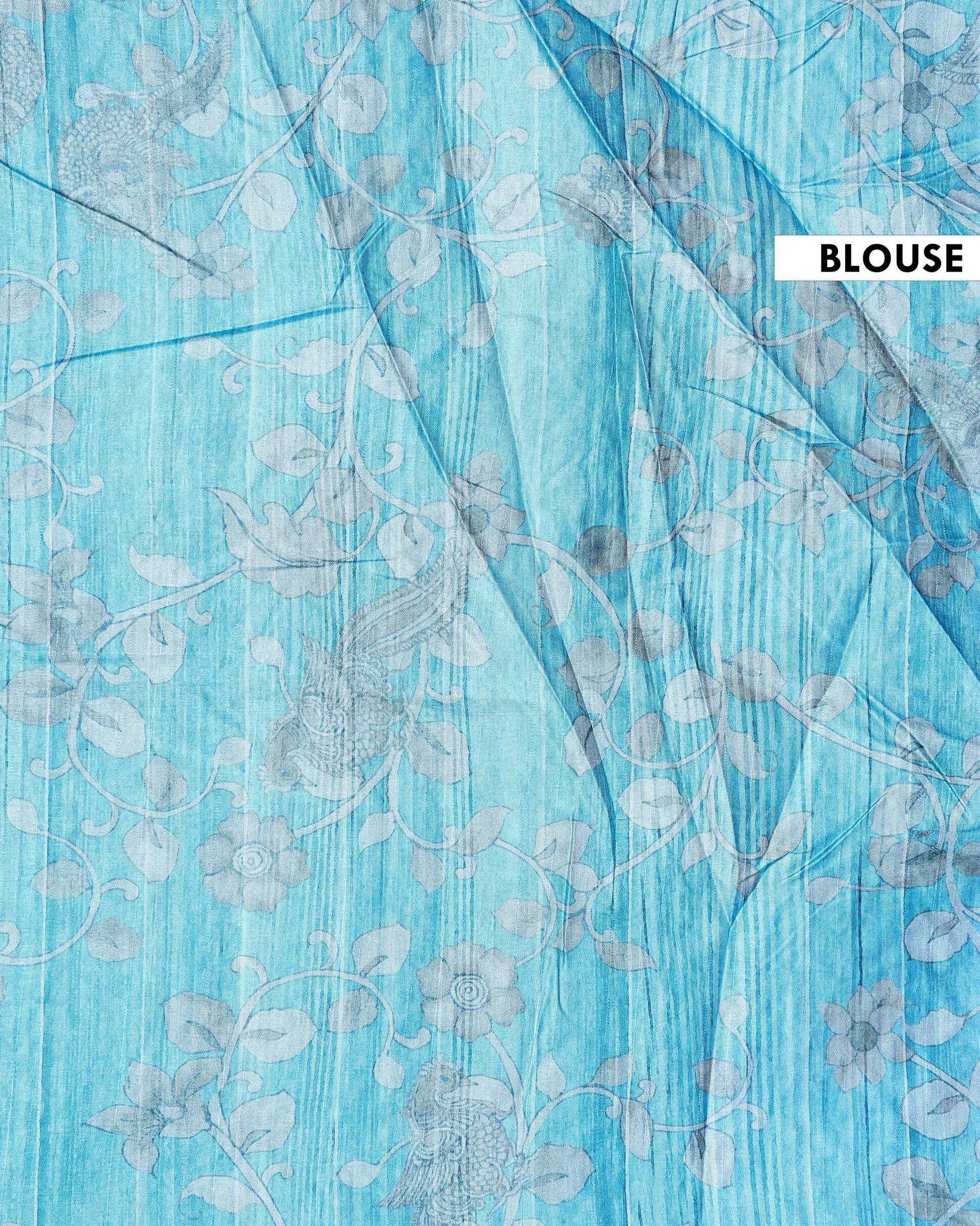 Elegant Semi Tussar Kalamkari Inspired Knot Work Saree with a Classic Self Border - Blue-Blouse