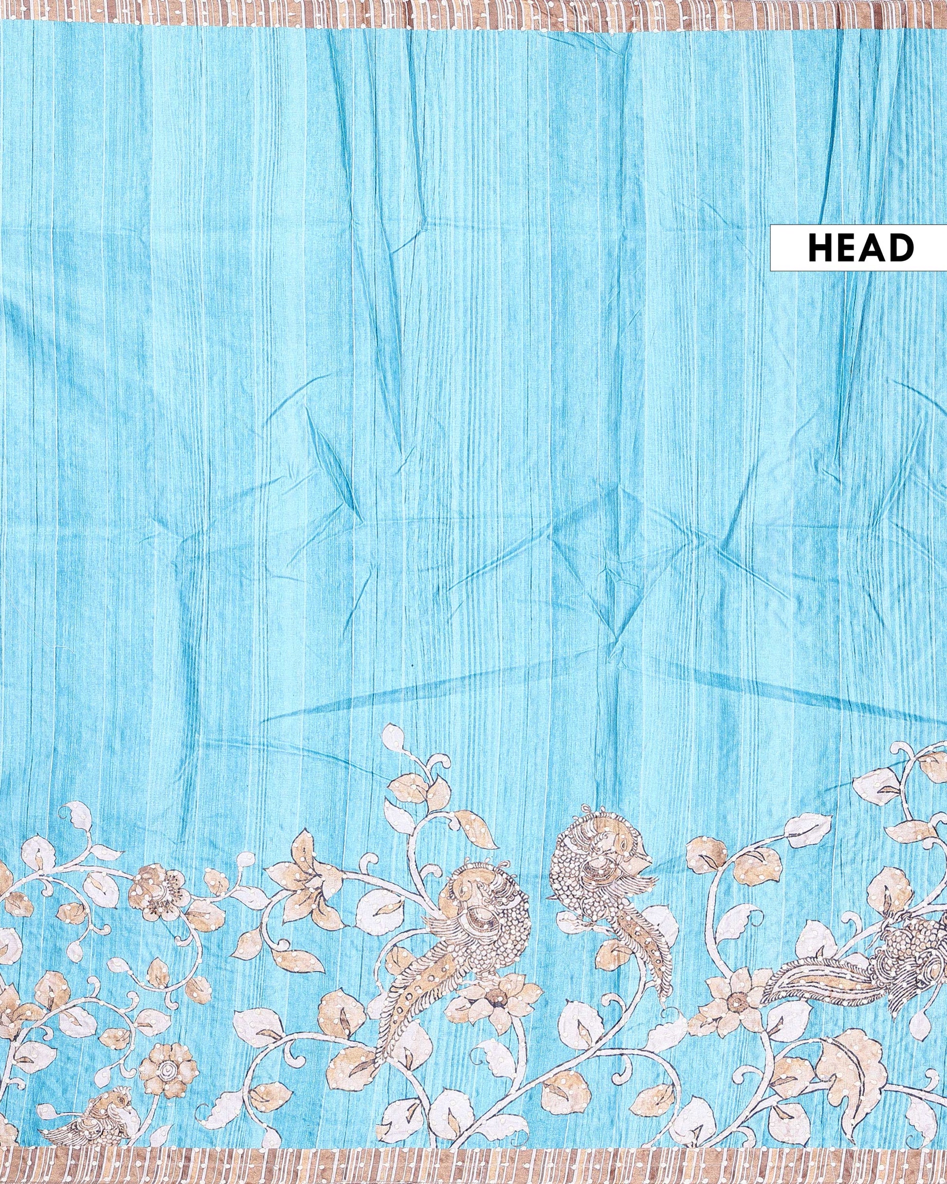 Elegant Semi Tussar Kalamkari Inspired Knot Work Saree with a Classic Self Border - Blue-Head